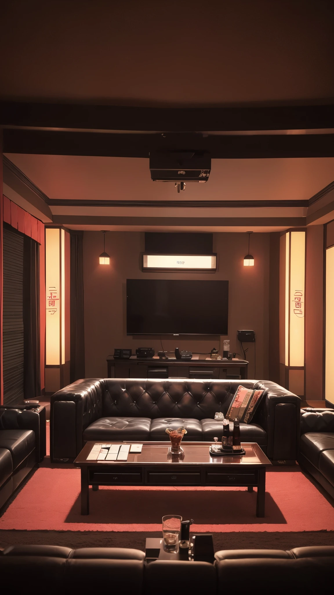  (high quality), Karaoke room enjoyed by many boys, Psych Lighting, leather sofa, whiskey table, karaoke equipment, Inside a dark karaoke room, (Four Korean boys are playing: 1.5), they have fun together, They look straight ahead, They are each wearing a variety of men&#39;s clothing and sneakers.