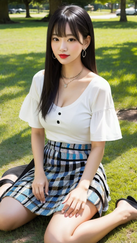 (8k, Photorealistic, Raw photo, Highest quality: 1.4),Japanese idol-style beautiful girl,1 person,18-year-old,Hairstyle(Very Short Bob,silver),She has her hair tucked behind her ears,She wears small earrings in her ears,pupil(big,Transparent grey color),Long eyelashes,Plump Cheeks,She has orange lipstick on her lips,Apply gloss over your lipstick for glossy, plump lips,Smiling,A short pendant is hanging around her neck,Blackのマニキュアを両手の爪に塗っている,Blackのマニキュアを両足の爪に塗っている,(Tube top summer knit(White :1.7)Wearing it on bare skin),I can see her cleavage,(Pleated skirt(Plaid,Black :1.7)Wear),(barefoot),(On the grass under the tree in the park),(Sit in a hu sit :1.4),(Place your hands on your crotch),She is surrounded by the gentle sunlight filtering through the trees.,Angle from the front,whole body ports