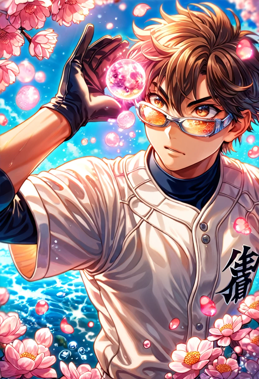 absurdres, highres, ultra detailed, HDR, master piece, best quality, extremely detailed face, delicated features, Miyuki Kazuya, brown hair, messy and windswept, expressive amber eyes, sport glasses, Diamond No Ace, solo, sexy man, handsome, white baseball uniform, catcher, black gloves, water, blossoms, pink flowers, pink butterflies, fantasy, magic, radiant