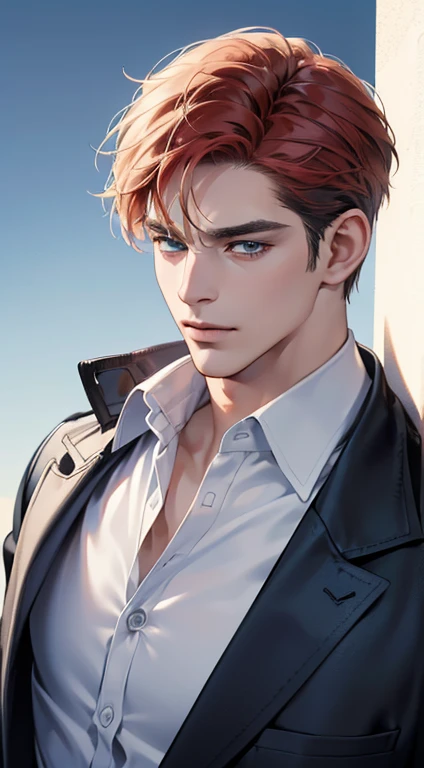 (best quality, masterpiece, 8K, photorealistic, cinematic lighting, 1:4 hdr image, ultra detailed, beautiful image), a mature man, 34 years very handsome, ((cold expression)), short red hair, blue eyes, face perfect without mistakes, ((buttoning his jacket, CEO)), smile.