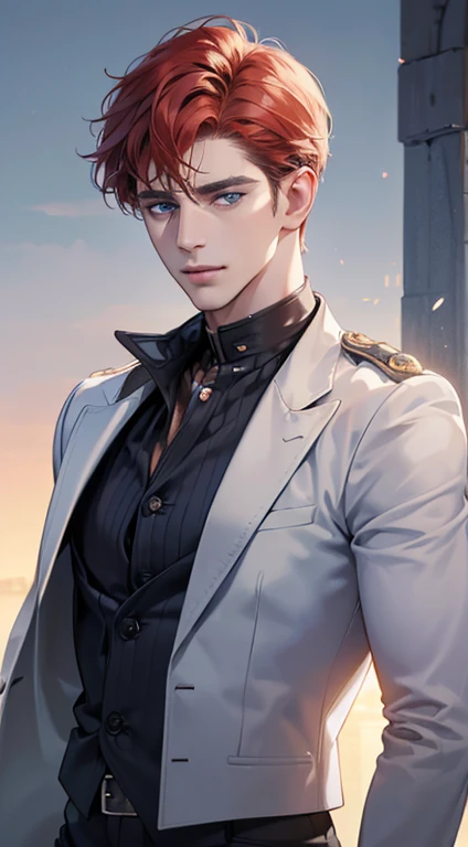 (best quality, masterpiece, 8K, photorealistic, cinematic lighting, 1:4 hdr image, ultra detailed, beautiful image), a mature man, 34 years very handsome, ((cold expression)), short red hair, blue eyes, face perfect without mistakes, ((buttoning his jacket, CEO)), smile.