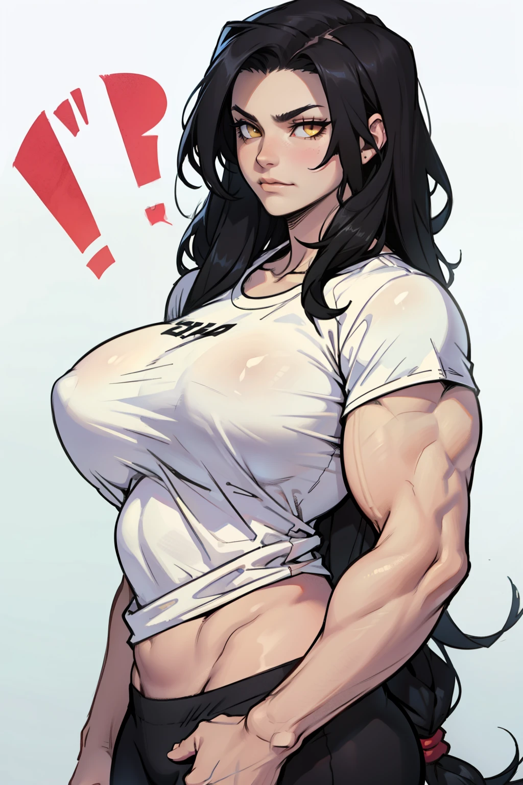 very long hair very long hair huge muscles huge breasts black hair yellow eyes pale skin disappointed girl white t-shirt