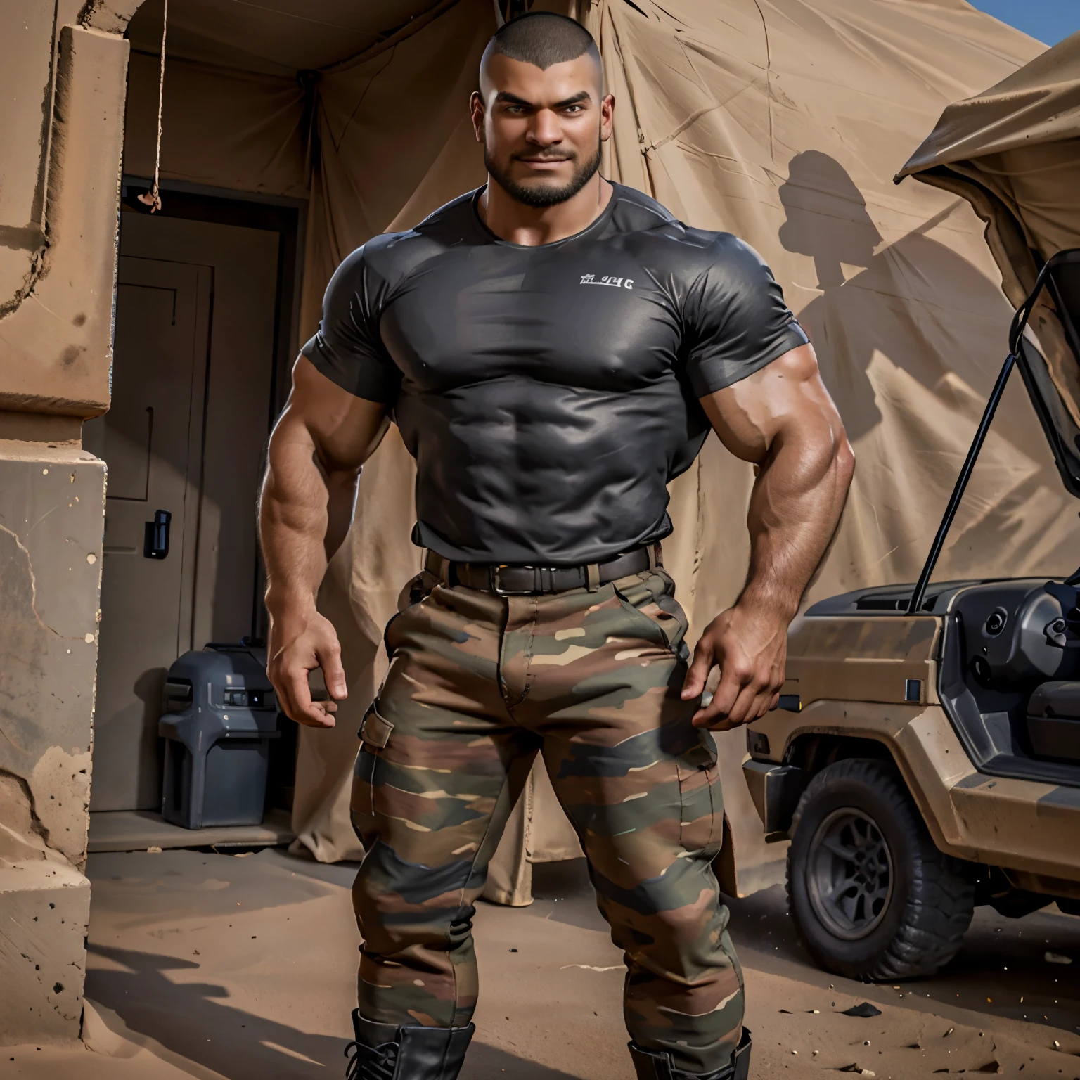 (masterpiece, best quality:1.2), 1boy, solo, (cowboy shot), inside desert camouflage colored tent, (standing at attention), brunette hair, (buzz cut hair),black shirt, short sleeves shirt, huge biceps, camouflage pants, black shirt, short sleeves shirt, boots, topless male, beefy, dark-skinned male, dark skin, manly, muscular male, the expression is particularly happy, the expression of excitement, the euphoria is a close-up, the lens mainly features the upper body, high quality, 4K, 8K, resolution, -auto-s2