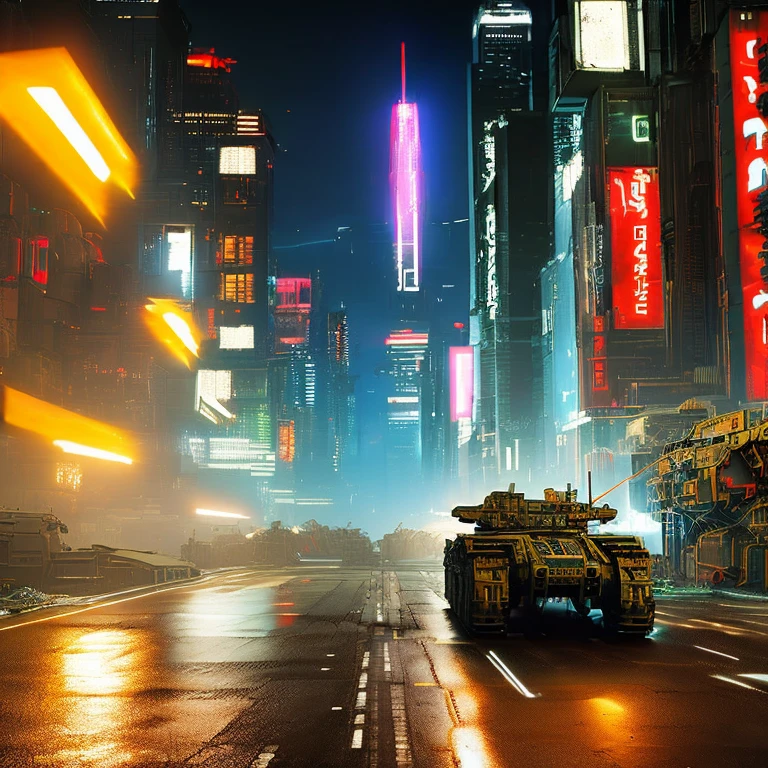 (rule of thirds),((ultra realistic illustration:1.3)). A dystopian cyberpunk cityscape, at ((night)). Gritty neon megacity, with (battle mechs). Inspired by Armored Core, Battletech, Front Mission. Brutalism. (Cold), despair. Masterpiece, (highly detailed:1.2),(detailed face and eyes:1.2), 8k wallpaper, Moody lighting. core shadows, high contrast, bokeh.