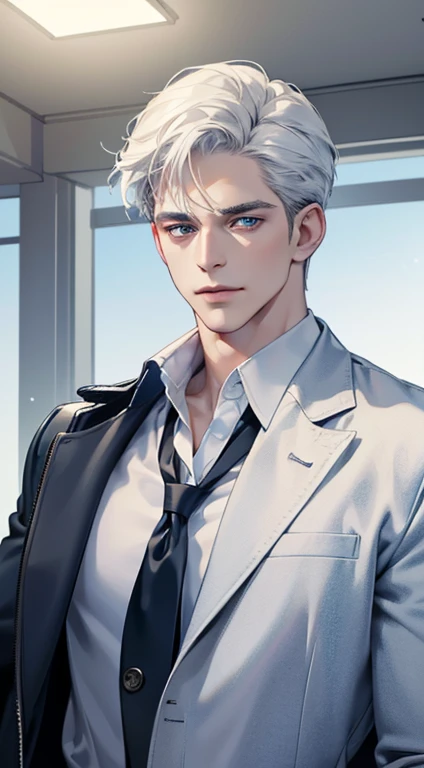 (best quality, masterpiece, 8K, photorealistic, cinematic lighting, 1:4 hdr image, ultra detailed, beautiful image), a mature man, 34 years very handsome, ((cold expression)), short white hair, blue eyes, face perfect without mistakes, ((buttoning his jacket, CEO)), smile.
