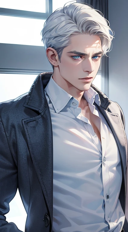 (best quality, masterpiece, 8K, photorealistic, cinematic lighting, 1:4 hdr image, ultra detailed, beautiful image), a mature man, 34 years very handsome, ((cold expression)), short white hair, blue eyes, face perfect without mistakes, ((buttoning his jacket, CEO)), smile.