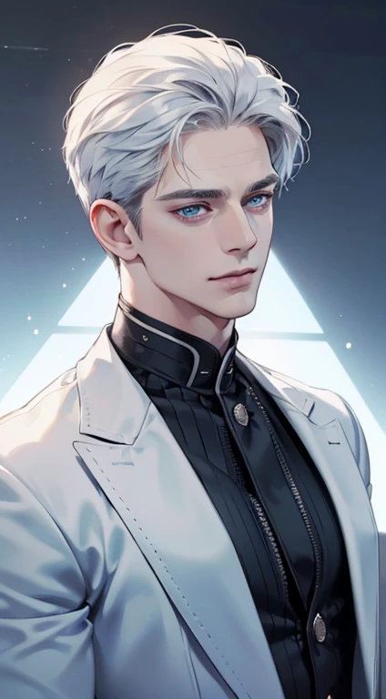 (best quality, masterpiece, 8K, photorealistic, cinematic lighting, 1:4 hdr image, ultra detailed, beautiful image), a mature man, 34 years very handsome, ((cold expression)), short white hair, blue eyes, face perfect without mistakes, ((buttoning his jacket, CEO)), smile.