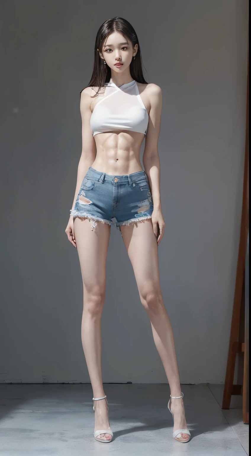 (8k、Raw photo、最high quality、masterpiece:1.5),((((Both of them stand with their legs apart:1.9)))),(((Both of them have an inseam that is more than half their height.:1.6))),((Both of them have bare legs.:1.3)),((Both of them are extremely slim:1.2)),((((Both girls look exactly like WONYOUNG from the K-Pop group IVE.:1.9)))),((Both of them have very long, slender legs.:1.6)),((Both are 173cm tall:1.4)),((The two have perfect supermodel style:1.3)),(((((Both of them take full body shots:1.8))))),(((Both of you should face your whole body straight ahead.:1.8))),((Photographed from below to show the whole body of the legs so that they look longer.:1.6)),Skin irregularities are reproduced in minute detail:1.4, (Super thin waist: 1.2), Thin buttocks,Open the navel,1Detailed reproduction of the navel,(完璧なSuper thin thighs),(both of them are the same height:1.3),(((Both of them have amazingly slim figures.))),((Both of them are wearing super micro shorts.:1.4)),((Both are )),(((Both of them are extremely exposed.:1.5))),((Both of them have super-strong abs:1.9)),(Both of them are wearing short, see-through white camisoles.:1.4),(Big boobs but no bra),(((Both of their erect nipples are visible through the fabric.))),(Both of them are covered in sweat),Highly detailed face and skin texture,(Both of you stand with your legs straight and without bending your knees.:1.3),(They're both the same height:1.3),((((Sunny afternoon:1.3)))),((((Standing on the sidewalk in front of a stylish, upscale restaurant:1.5)))),Fair Asian Skin,eye,nose,mouth,refer to,nail, Ultra-Realistic Details, Natural Shadows,(Very small hips:1.3),Large firm breasts, Super long thighs,(Super thin thighs),(Super slim calves),((Small Ass)),(Both of them have the slender bodies of well-trained track and field athletes.:1.5),(Super muscular body:1.5),Super toned waist,(Super thin waist:1.3),((White high heels)),lengthen limbs,(Shooting the whole body from calf height:1.5),(Both of them have slim, toned ankles.:1.2),(((Wide open abdomen:1.5))),Hands on hips,Both of them face forward,Super long arms,Thin hands,(Black hair ponytail),((Both of them stand up straight.)),(Keep your hips facing forward:1.5),Both of them are beautiful with 8-head body proportions.,Very thin ankles,The arms are very slender and muscular,The legs are super slender and muscular,Make your arms thinner,Super slim and muscular legs,Both of them have super long legs.,The middle of the thighs are very thin,(Super muscular and extremely slim calves),(Super muscular and slim thighs),(Very tight waist:1.2),((Both of them have an inseam that is more than half their height.の美脚:1.5)),Extremely thin thighs,Fine skin,Firm skin,(((Both of them should fit from the top of their heads to the toes of their heels.:1.5))),(((Both have beautiful legs))),(Both of them are super muscular and have slim legs.:1.2),(toned thin legs:1.2),((Dazzling Midsummer)),Front lighting,((A little overexposed)), Super detailed, High detail, high quality, Awards,High resolution,(((Anatomically correct)))