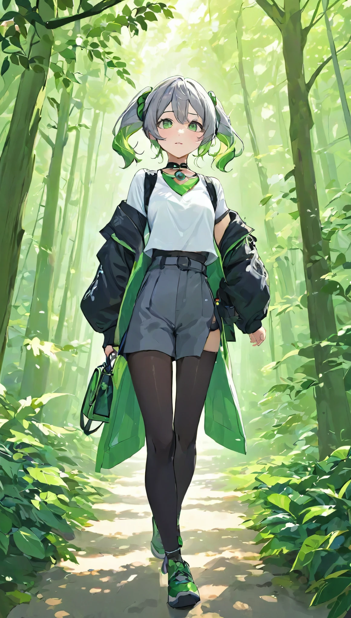 masterpiece , highest quality,Nahida(Genshin Impact), 1 girl , White shirt:1.5 ,Side Ponytail ,Gray Hair ,Colorful Hair, Green Eyes,Casual clothing , have , Black choker, bag , Green Hair,Fresh greenery、forest、Promenade、