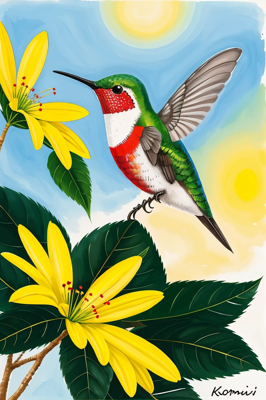 Komorebi, q'inti, hummingbird, Luz del sol que atraviesa las hojas, acuarela, Asia, South America 