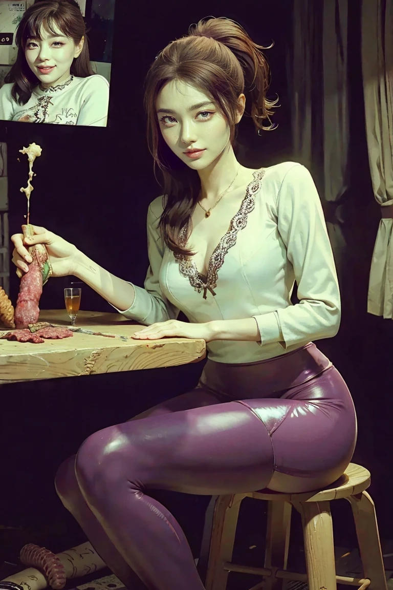 The beautiful girl in lace top and leggings is sitting astride a pile of skeletons in the center of the picture. She is holding a trembling sausage with juice squeezed out in her hand and smiling. There are multiple comic storyboards in the background，cbt, sausage bondage,sausage insertion,Sexy, trampling sausage with high heels heel,(masterpiece, best quality:1.2)，1 beautiful girl,sexy，comic storyboard:2, leggings, sit astride, axially symmetrical:2, ,femdom，sounding，cbt，hold，smile，colorful，leggings，thin gap，cameltoe，insertion，trembling，juice，spray， Long hair,Lace top,Sexy, Shiny leggings, High heel，cleveage, trampling, in forest, saliva , Mucus，