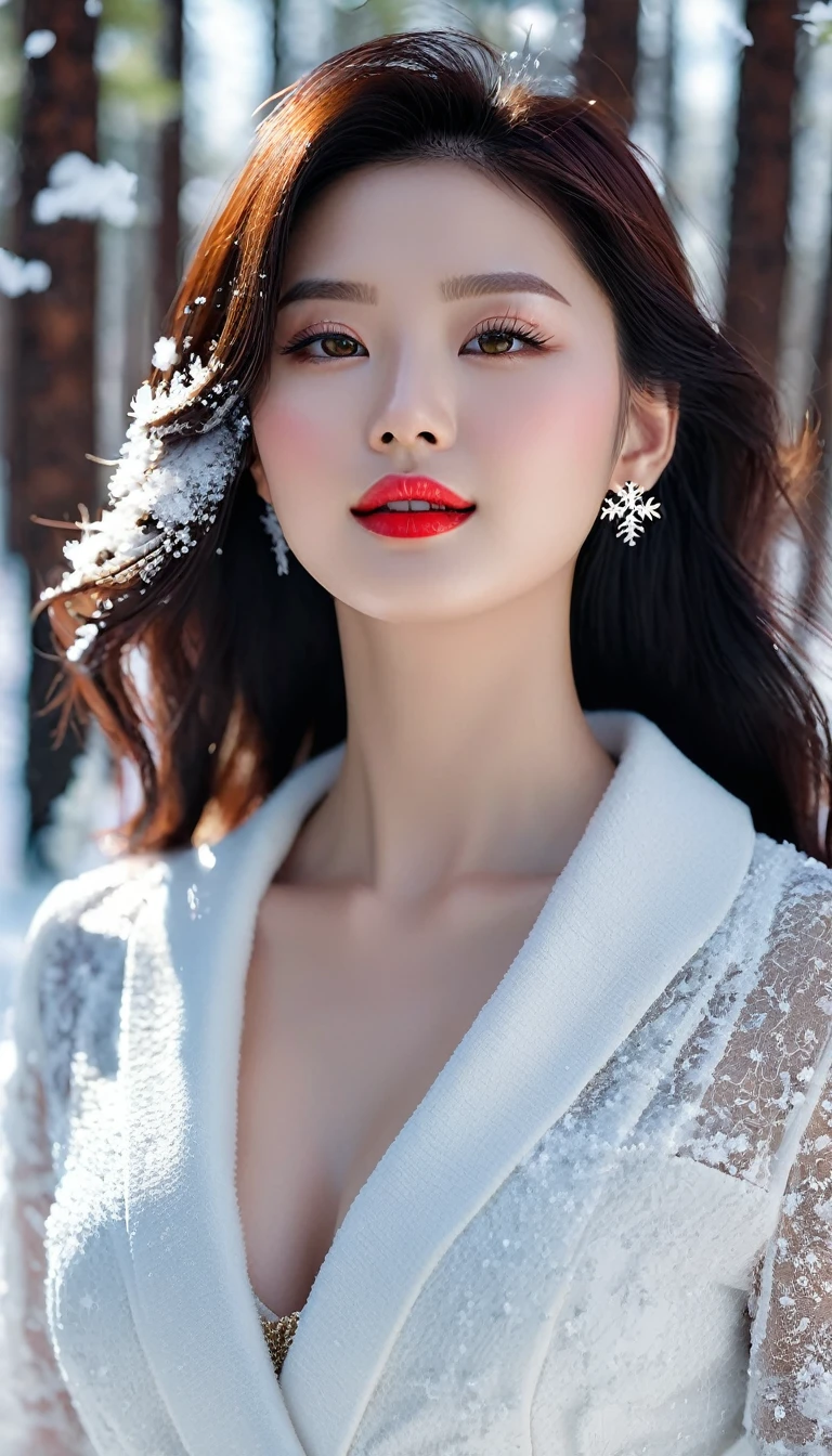 1 girl, Korean model, extremely beautiful, perfect body. The Canon EOS R5 camera combines an RF f/1.2L USM lens that adjusts to capture sharp landscapes and even the entire body of characters. 8K photo quality, lifelike, masterpiece, sharpest and highest contrast, super realistic color photos. Her hair is pink, long and smooth, the wind blows it beautifully under the bright sunlight. Beautiful face, perfect and sexy, holy, perfectly proportioned, beautiful in every detail, ((shiny)), high-end cosmetic makeup. Bright smile, pure white teeth and details. Attractive glossy red lips, brilliant glossy red lipstick. Brown eyes, glossy, seductive, ((sharp makeup)), realistic, ((wet eyes)), detailed. Pink eyeshadow, long eyelashes, blush, high-end cosmetics. Two delicate eyelids, perfectly beautiful and detailed, black eyelashes. Eyebrows are curved, sparse, sharp and detailed. High and detailed nose. Cheeks are prominent and detailed. ((Bright white skin)), detailed pores, shiny skin, smooth skin. Long, shiny legs. Hands are beautiful, perfect, ((no flaws)), no defects. Complex light, yellow-black rays, ((lights the face)), sparkling sunlight, ((lights the girl's body)). Gold and silver earrings, diamond necklace, emerald belt, Rolex watch.
Slim-fitting jacket dress above the knee, snowy pine trees, snowflakes, fog, cold air, cinematic lighting, dramatic silhouettes, fantasy, depth of field, volumetric lighting, covered trees Falling snow, snow falling in hair, beautiful background scenery, detailed background, super detailed. Panoramic photo of a girl standing in a pine forest filled with white snow.