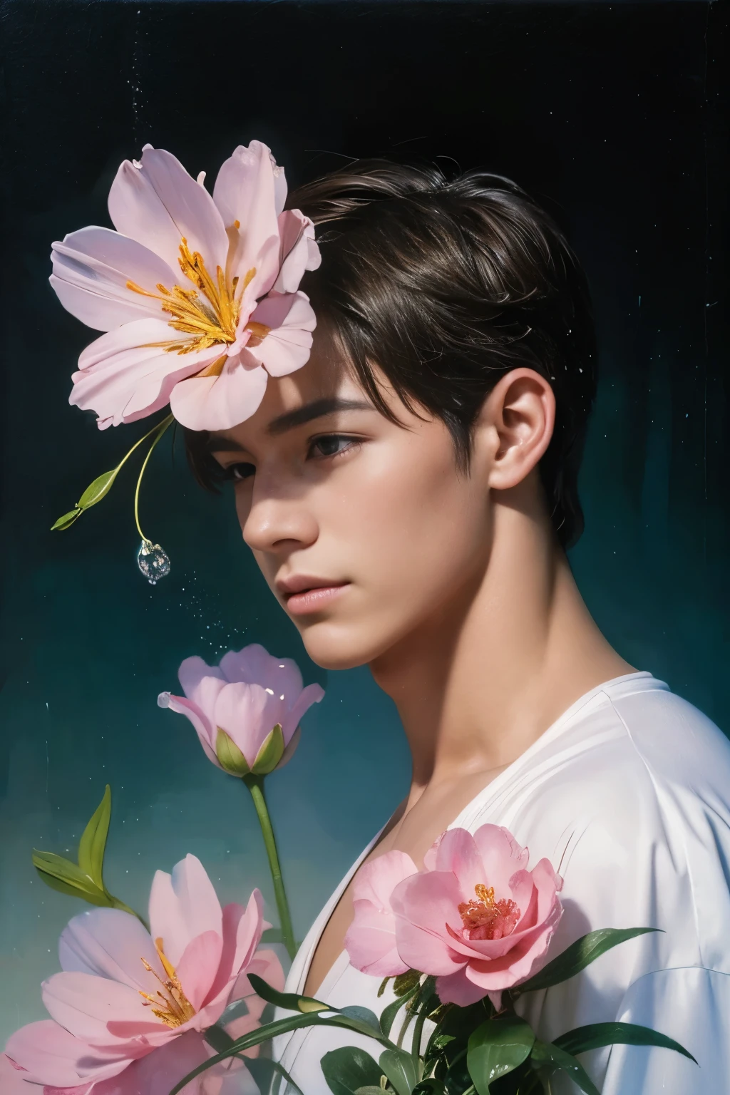 a muscular, 1 muscular man, solo, (oil painting:1.5), (NSFW:1.2), a muscular man wearing nothing completely naked, joyfully twirling in the raining paint, 1boy, short hair, floral, Lycianthus ,In light pink and light blue styles..., Dreamy and romantic composition..., dripping flowers on his face, in the style of collage-based, made of insects, william wegman, colorism, white background, pencil art illustrations, national geographic photo, luxurious, extravagant, stylish, , opulent, elegance, stunning beauty, professional, high contrast, detailed, Depict a dreamy, whimsical scene with elements that seem to merge with the background,