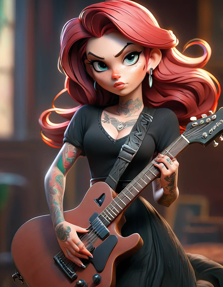 a woman with tattoo, (([red|green] hair)), long hair, Wearing a black dress and performing with a shiny guitar,  indoors, (soothing tones:1.0), (hdr:1.25), (artstation:1.2), dramatic, (intricate details:1.14), (hyperrealistic 3d render:1.16), (filmic:0.55), (rutkowski:1.1), (faded:1.3)