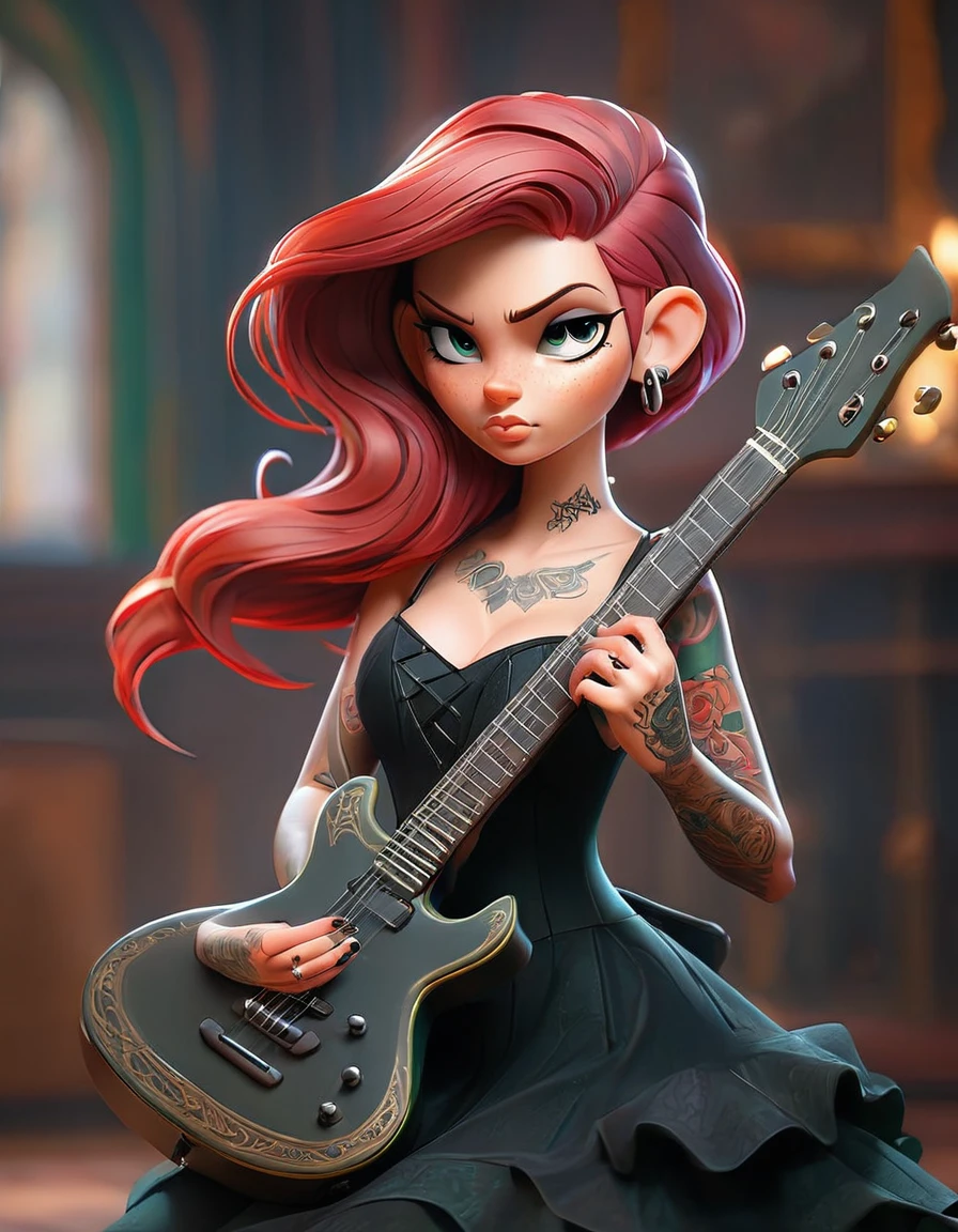 a woman with tattoo, (([red|green] hair)), long hair, Wearing a black dress and performing with a shiny guitar,  indoors, (soothing tones:1.0), (hdr:1.25), (artstation:1.2), dramatic, (intricate details:1.14), (hyperrealistic 3d render:1.16), (filmic:0.55), (rutkowski:1.1), (faded:1.3)