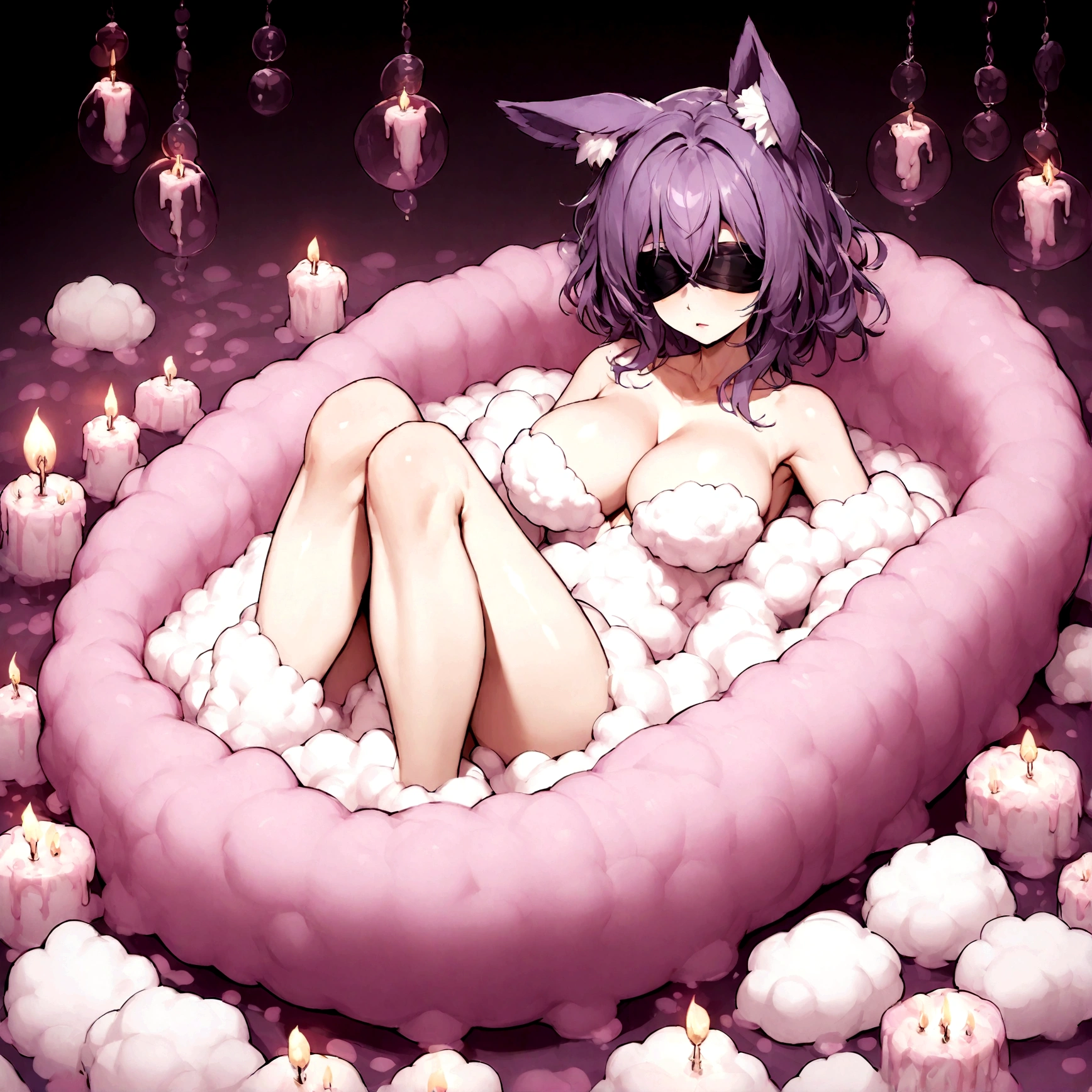 a sexy milf with a blindfold on, has very long purple hair, breasts, showing cleavage, has fox ears, lounging inside bubble bath, only covered by bubbles, surrounded by candles and soft multi colored fuzzy plushies, in bath tub