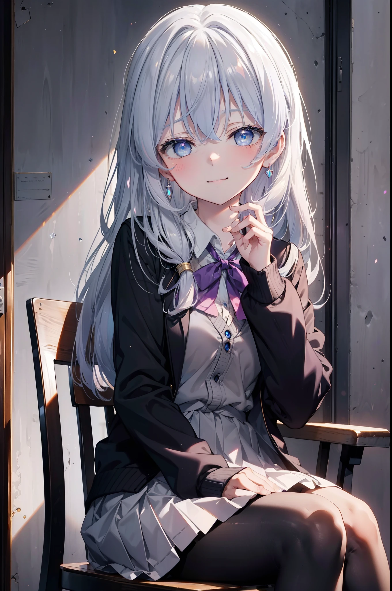 (masterpiece:1.6, highest quality), (Fine and beautiful eyes: 1.2),  phElaina, Eouftit3,  Eof3, 1 girl, Elaina (majo no tabitabi), happy smile, smile, Open your mouth,alone,Silver Hair,Long Hair, blue eyes, Shiny Hair, The feathers are purple,Eyes,break skirt, shirt, bow, ribbon, , white shirt, Short sleeve, Pleated skirt, collared shirt, mini skirt, bowtie, 黒いloafers , Black Skirt, Black pantyhose, loafers, green bow, Sweater vest, , (black Sweater vest:1.5),School　classroom,There is a sandwich on the table,sit cross-legged on a chair,blush,smile,Open your mouth,whole bodyがイラストに入るように,　　　　　　　　　　　　　　　　　　　break looking at viewer,whole body, 　　　　　　　 　break indoors ,School,classroom, 　　　　　　　　　　　break (masterpiece:1.2), highest quality, High resolution, unity 8k wallpaper, (shape:0.8), (Beautiful and beautiful eyes:1.6), Highly detailed face, Perfect lighting, Extremely detailed CG, (Perfect hands, Perfect Anatomy),