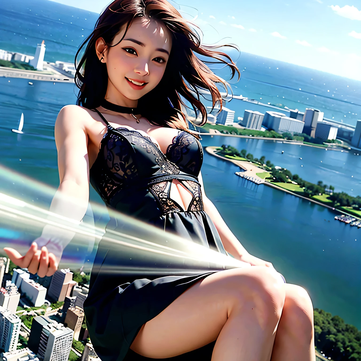 raw photo , 8K, ultra detailed, (realistic:1.2), (1girl:1.3), (long dress), (smile:1.4), (flying:1.6), cityscape, from above