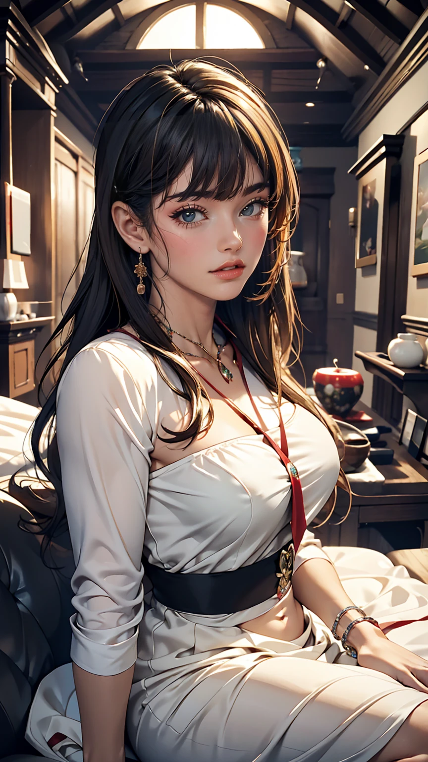 最high quality, 8k, masterpiece: 1.3, Ultra HD, high quality, 最high quality, High resolution, realism)) 、thin、thinだがアスリートのような細マッチョ、I&#39;I don&#39;t want my head to disappear from the screen..、Wear accessories on your wrist、Wearing red nail polish、Having a pedicure、Near and far in the air((Atmospheric perspective))、smile((smiley))、Background Blur((Depth of written boundary)、Belly Dancer、Wear a belly dance costume、、My abs are ripped、I can see my belly button、barefoot、Crystal Earrings((Crystal Earrings))、Hair behind the ear((Hair behind the ear))、Chest pocket、background art nouveau、Dance vigorously、Petals dance across the screen.、Face Veil((Mouth veil))、Wear an anklet