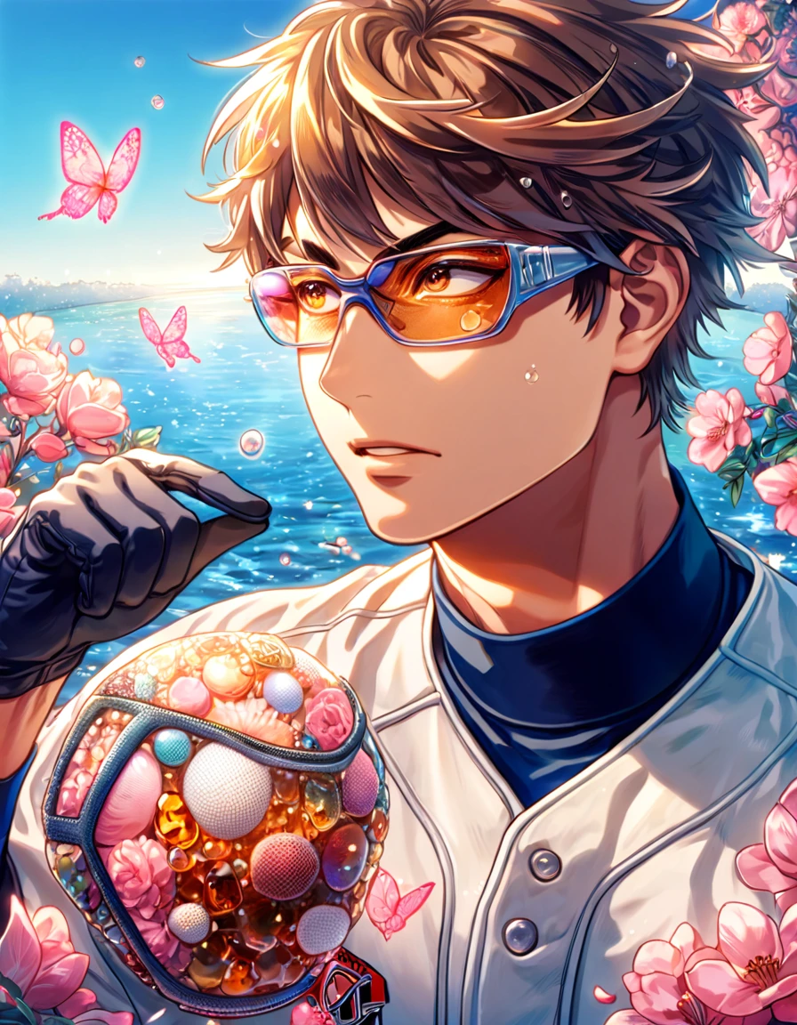 absurdres, highres, ultra detailed, HDR, master piece, best quality, extremely detailed face, delicated features, Miyuki Kazuya, brown hair, messy and windswept, expressive amber eyes, sport glasses, Diamond No Ace, solo, sexy man, handsome, white baseball uniform, catcher, black gloves, water, blossoms, pink flowers, pink butterflies, fantasy, magic, radiant