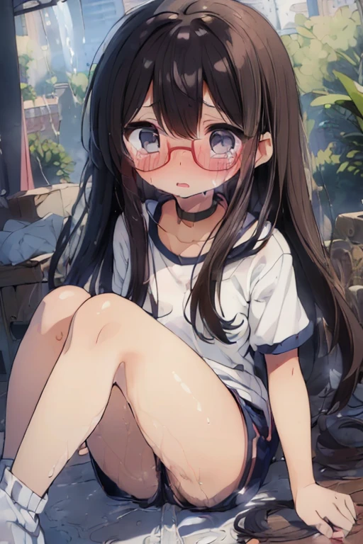 ((orgasm)、blush、Cramp、Are crying、Please open your mouth、Gym suit、Navy blue shorts、Big red round glasses、Love Juice、(Girl is peeing):1.4)