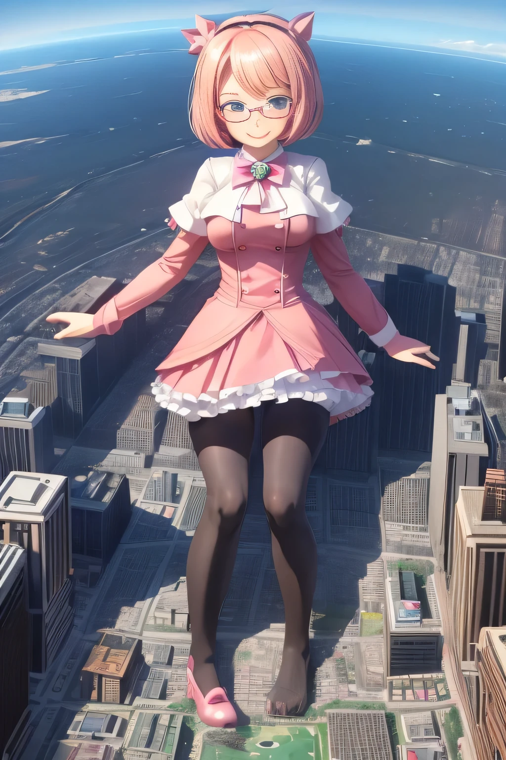 giantess art, highly detailed giantess shots, giantess, Two legs, Five fingers, short hair, A beautiful girl who is bigger than a skyscraper, Wearing rimless glasses, smile, Big Breasts, pink dress, bow, magical girl, holding a magical wand, black pantyhose, pink stiletto heels, thunderbolt from a magical wand, Destroying cities, A very small big city, Miniature metropolis, Full body description, GTS, giga giantess, stomping city, crash city, tiny city, micro city, pantyhose feet, High resolution, highest quality, masterpiece, 