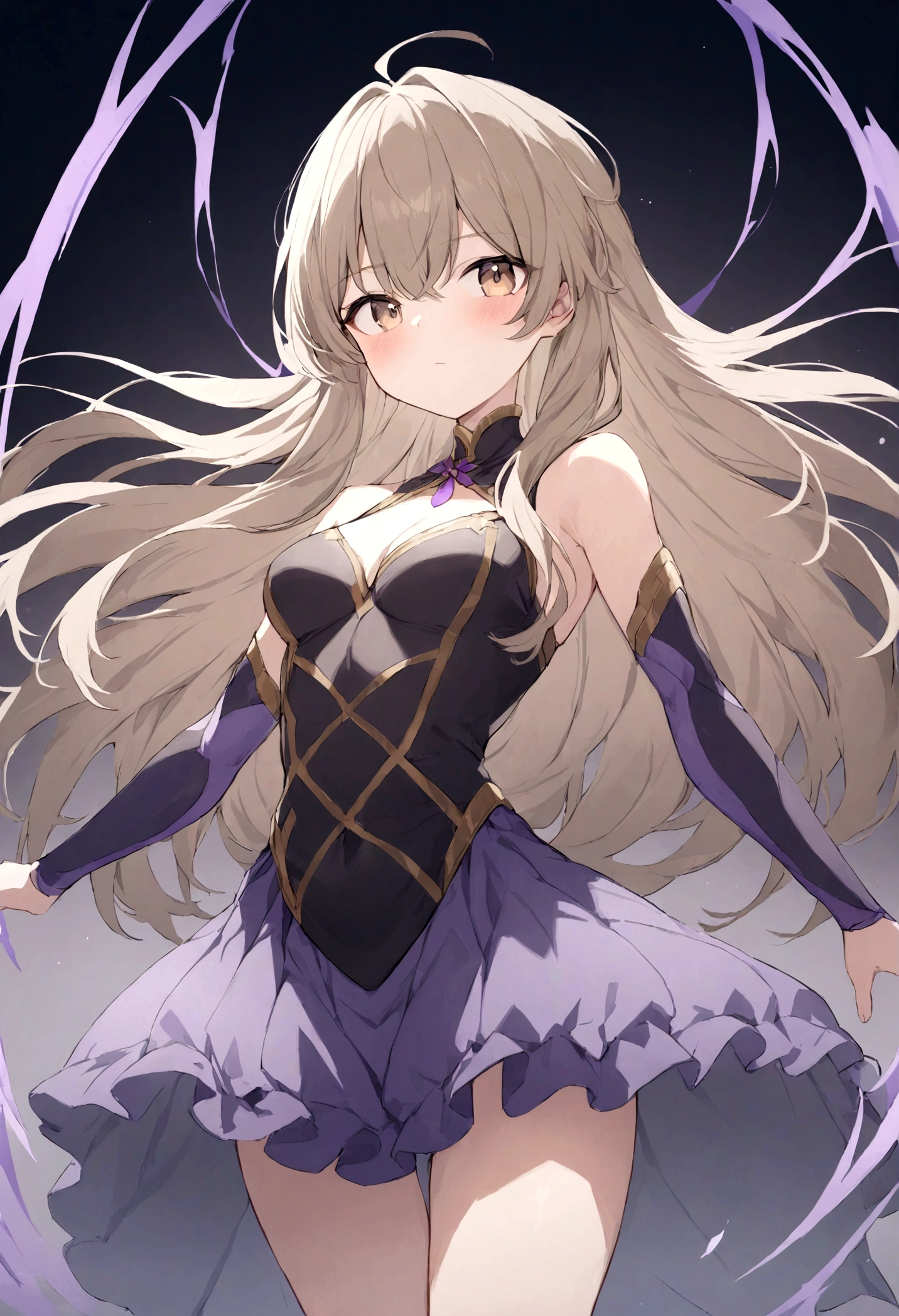 1girl, long light brown hair, small , purple bikin