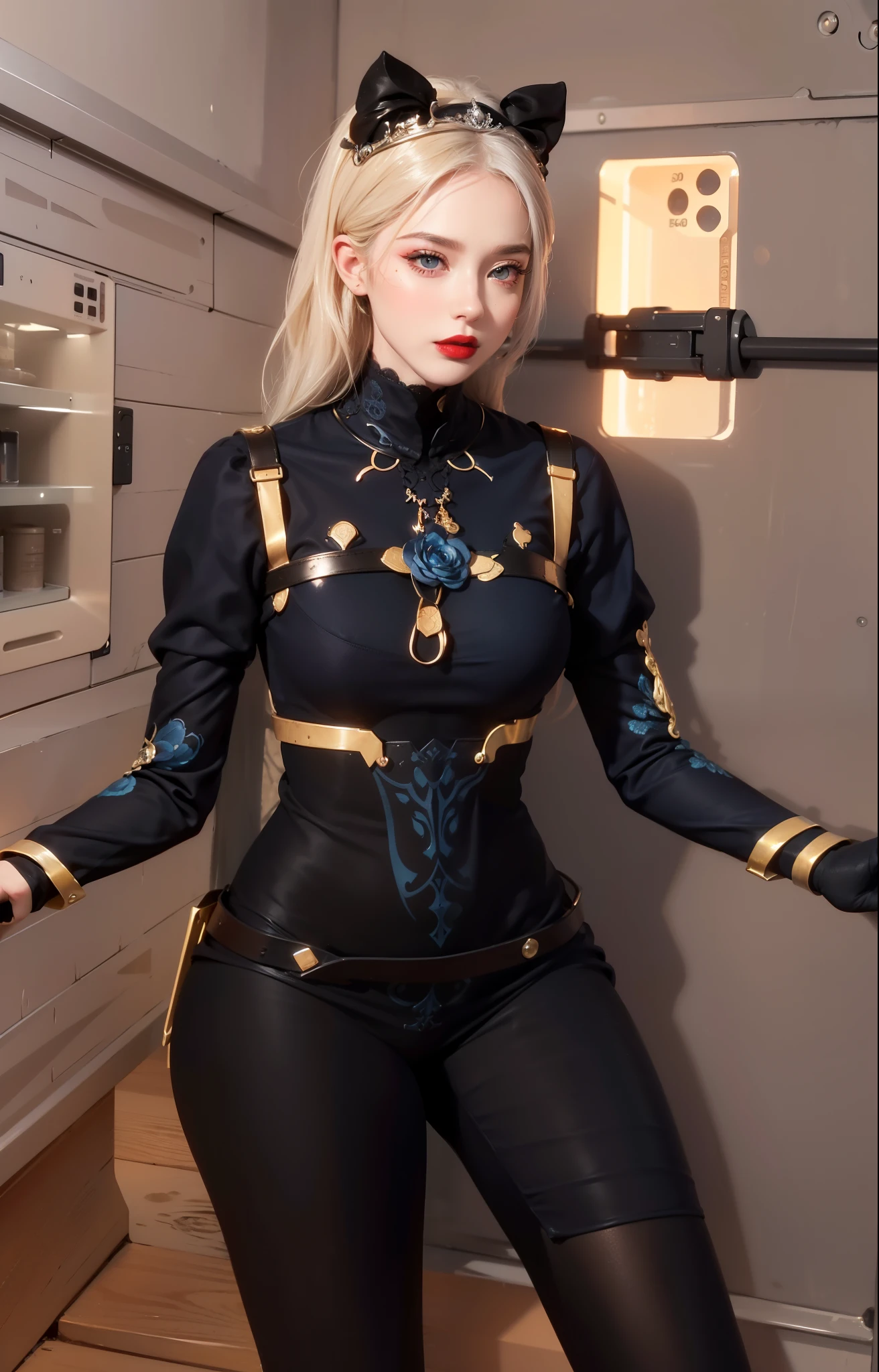 Royal princess，Super detailed, Delicate face, Stock Photography , Portrait 400, F1 Camera Lens.6, Colorful, Surrealism, Realistic textures, Dramatic Lighting, Thin Film Distiller 800 (8K, original photo, Better quality, masterpiece: 1.2), Super detailed, (Extremely delicate skin: 1.2), 8K Ultra HD, SLR camera, Soft Light, high quality.Fire Queen，Blue pupils，Apply red lipstick，Have a tattoo，The tattoo is very three-dimensional，Gorgeous and intricate tattoo designs，8K Mugshot，Large Breasts，Dark eyeshadow，Sexy thick lips(Red lipstick)，Ice Princess，The facial features are very three-dimensional，Wear lace prints，Steel armor