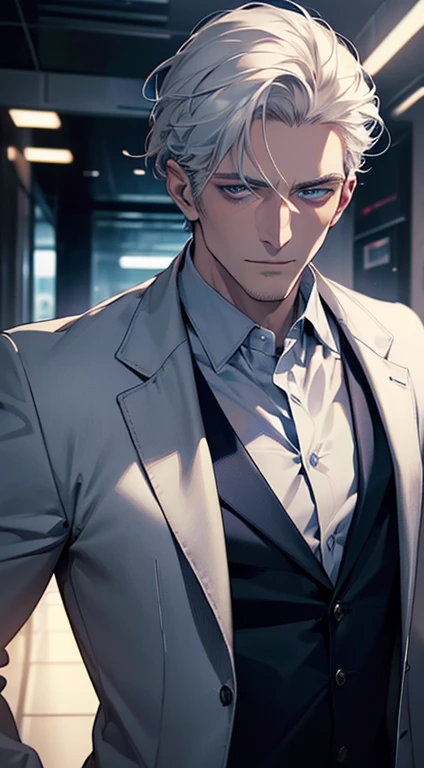 (best quality, masterpiece, 8K, photorealistic, cinematic lighting, 1:4 hdr image, ultra detailed, beautiful image), a mature man, 34 years very handsome, ((cold expression)), short white hair, blue eyes, face perfect without mistakes, ((buttoning his jacket, CEO)), smile.