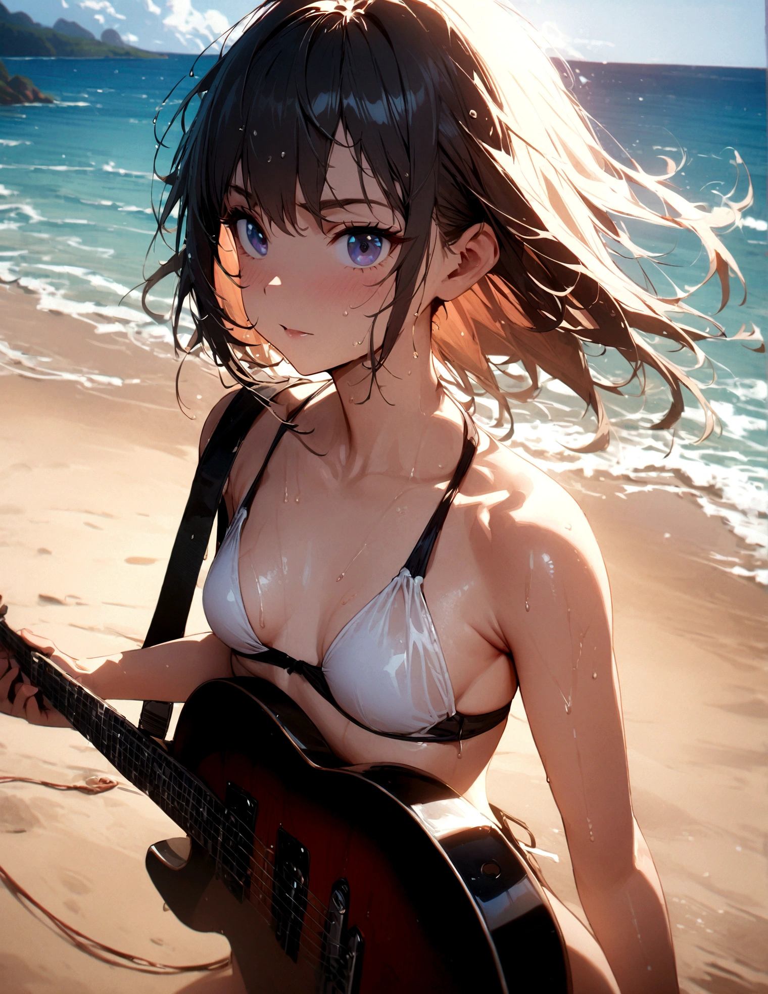 1 Girl, holding electric guitar, Small Breasts, swimsuit, Practical, beach, wet, ocean, Umbilical cord, Sky, clavicle,masterpiece, best quality, High resolution, Fine details,