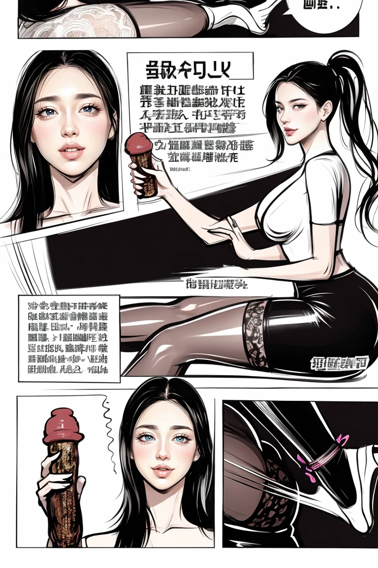 The beautiful girl in lace top and leggings is sitting astride a pile of skeletons in the center of the picture. She is holding a trembling sausage with juice squeezed out in her hand and smiling. There are multiple comic storyboards in the background,cbt, sausage bondage,sausage insertion,Sexy, trampling sausage with high heels heel,(masterpiece, best quality:1.2),1 beautiful girl,sexy,comic storyboard:2, leggings, sit astride, axially symmetrical:2, ,femdom,sounding,cbt,hold,smile,colorful,leggings,thin gap,cameltoe,insertion,trembling,juice,spray, Long hair,Lace top,Sexy, Shiny leggings, High heel,cleveage, trampling, in forest, saliva , Mucus,