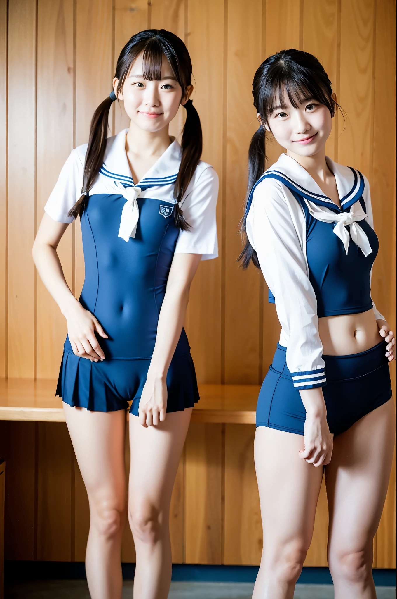 2 girls walking in wooden school classroom,sailor shirt over,BREAK,blue school swimsuit with blue compression half pants,18-year-old,bangs,a little smile,thighs,knees,short hair with low pigtails,from before,front light