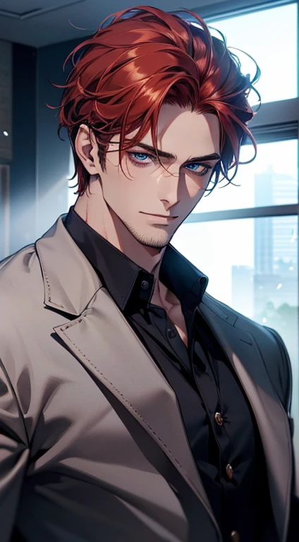 (best quality, masterpiece, 8K, photorealistic, cinematic lighting, 1:4 hdr image, ultra detailed, beautiful image), a mature man, 34 years very handsome, ((cold expression)), short red hair, blue eyes, face perfect without mistakes, ((buttoning his jacket, CEO)), smile.