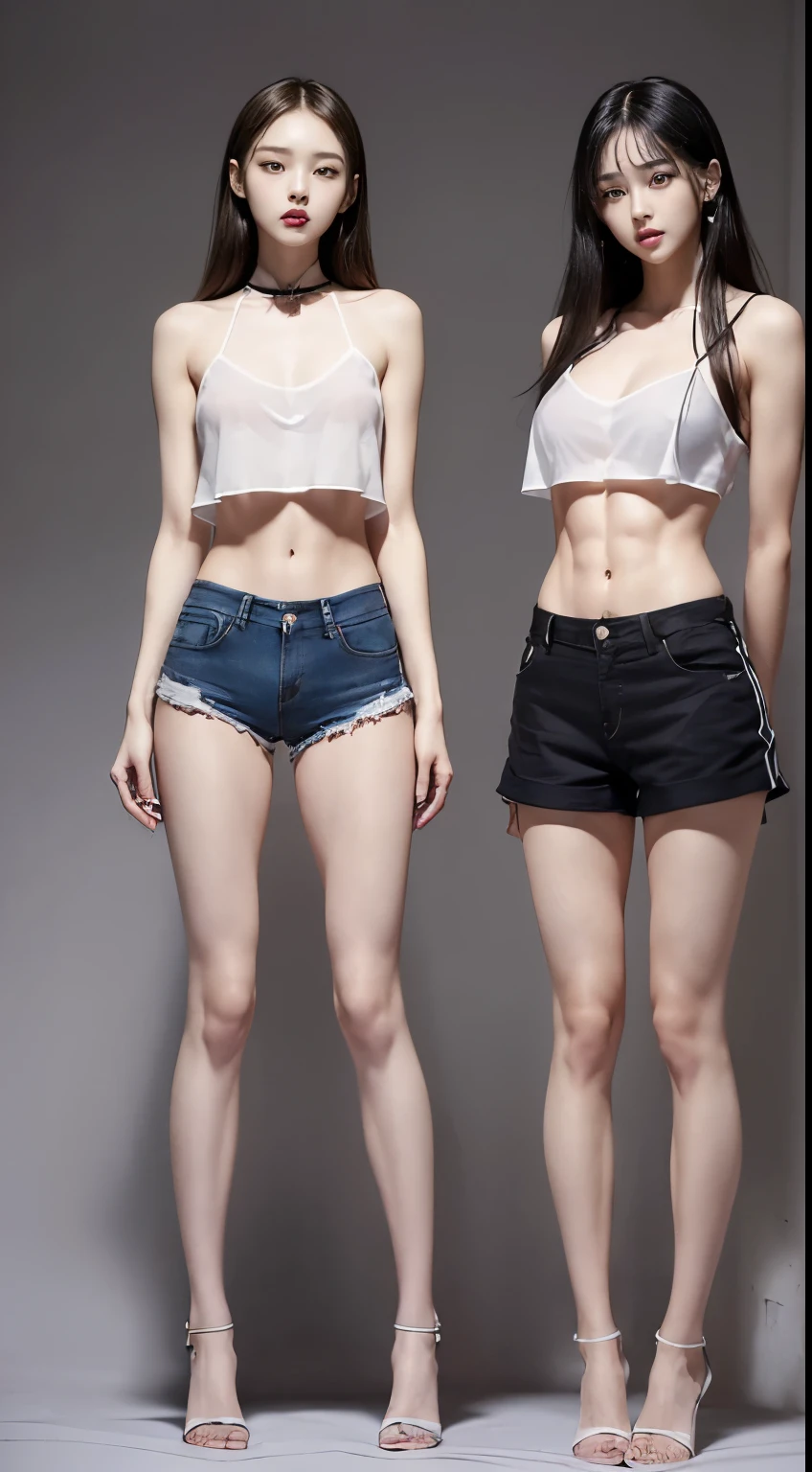 (8K、Raw photo、最high quality、masterpiece:1.5),(((((((Both of them stand with their legs apart:1.9))))))),(((((Both of them have an inseam that is more than half their height.:1.8))))),((Both have bare legs:1.6)),((Both of them are super slim:1.4)),(((((Two girls who look just like WONYOUNG from the k-pop group IVE were photographed:1.9))))),(((They both have super skinny legs:1.6))),(((Both are 173cm tall:1.4))),((Perfect k-pop IVE WONYOUNG style duo:1.4)),(((((Both of them take full body shots:1.8))))),((((Both of you should face your whole body straight ahead.:1.8)))),(((Photographed from below to show the whole body of the legs so that they look longer.:1.7))),Skin irregularities are reproduced in minute detail:1.4, (Super thin waist: 1.2),((超Thin thighs:1.3)), Thin buttocks,Open the navel,1Detailed reproduction of the navel,((Perfect super slim legs:1.3)),(((both of them are the same height:1.3))),(((Both of them have amazingly slim figures.:1.2))),(((Both are wearing micro shorts with a rise of 15cm and an inseam of 1cm.:1.8))),(Both are 16 years old:1.2),((((Both of them are extremely exposed.:1.7)))),(((((Both of them have super-strong abs:1.9))))),((Both of them were wearing short, form-fitting white sports bras.:1.4)),(((Big boobs but no bra:1.4))),(((Both of them had high, erect nipples clearly visible protruding from under their white sports bras.:1.4))),((((Standing in a fashionable theme park on a sunny day:1.4)))),Highly detailed face and skin texture,(Both of you stand with your legs straight and without bending your knees.:1.3),(((They're both the same height:1.4))),((Both of them look just like WONYOUNG from the K-pop idol IVE.:1.8)), ((((Sunny afternoon:1.3)))),((cute:1.4)),Both are fair-skinned Asians,,Both of them have beautiful eyes,,Both of them have beautiful eyes,,Both of them have beautiful noses, which are realistically reproduced.,Both of them have realistic eyes.,Both have beautiful mouths,((They both have beautiful fingers)),nail,Both of them have beautiful faces.,Both of their beautiful faces are realistically reproduced.,cute,(Ultra-Realistic Details), Natural Shadows,(Very small hips:1.4),Large firm breasts, Super long thighs,(((超Thin thighs:1.2))),(((Super slim calves))),(Both of them have the slender bodies of well-trained track and field athletes.:1.5),(Super muscular body:1.5),Super toned waist,(Super thin waist:1.3),((White high heels:1.2)),lengthen limbs,(((((Shooting the whole body from calf height:1.6))))),(Both of them have slim, toned ankles.:1.2),((((Wide open abdomen:1.5)))),Hands on hips,Both of them face forward,((Both figures have detailed and clear reproduction of the crotch area.)),((Super long legs:1.3)),Thin thighs,((Both of them have bare legs.:1.6)),((Both of them are showing off their legs in a very extreme way.:1.5),((Both of them are showing off their bellies in an extremely extreme way.:1.4),(Black hair ponytail),(Neither of them wears tights or socks.:1.5),((Both of them stand up straight.)),((Keep your hips facing forward:1.5)),2人とも8頭身スタイルBeauty,The ankles are super thin,The arms are very thin and muscular,Make your arms thinner,(((Clearly reproduces the skin texture of the legs down to the finest detail))),Faithfully reproducing the fingers of the hand,(Both of them have super long legs.),(Accurate reproduction of each finger:1.3),(((Each toe is accurately reproduced:1.2))),The middle of the thighs are very thin,(((Clearly reproduces the muscle texture of ultra-muscular and ultra-thin calf skin))),(((超筋肉質な超Thin thighsの肌の筋肉質感を明確に再現する))),(Very tight waist:1.2),((Both of them have an inseam that is more than half their height.の美脚:1.6)),(Extremely thin thighs:1.3),Beauty,Fine skin,Firm skin,(((Both of them should fit from the top of their heads to the toes of their heels.:1.5))),(((They both have super skinny legsの肌を細部まで忠実に再現する))),(Both of them are super muscular and have super thin legs with realistic skin.:1.3),((Realistically reproduces the fine details of toned, slender leg skin:1.3)),((Dazzling Midsummer)),(((Both of them have super-strong quadriceps:1.6))),(((Both of them have extremely well-trained gastrocnemius and soleus muscles.:1.6))),((2人とも超細くてSuper long legs:1.2)),Front lighting,Super detailed, High detail, high quality, Awards,High resolution,(Anatomically correct:1.5)