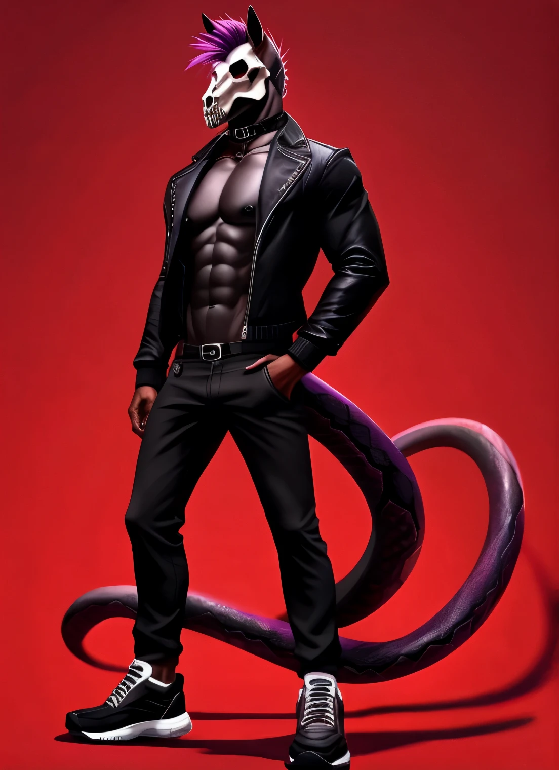 Horse with skull face, man, solo, black skin, athletic build, black nipples, high, pink eyes, purple mohawk, red short jacket, grey pants, red choker, black sneakers, long snake tail, stand, red background