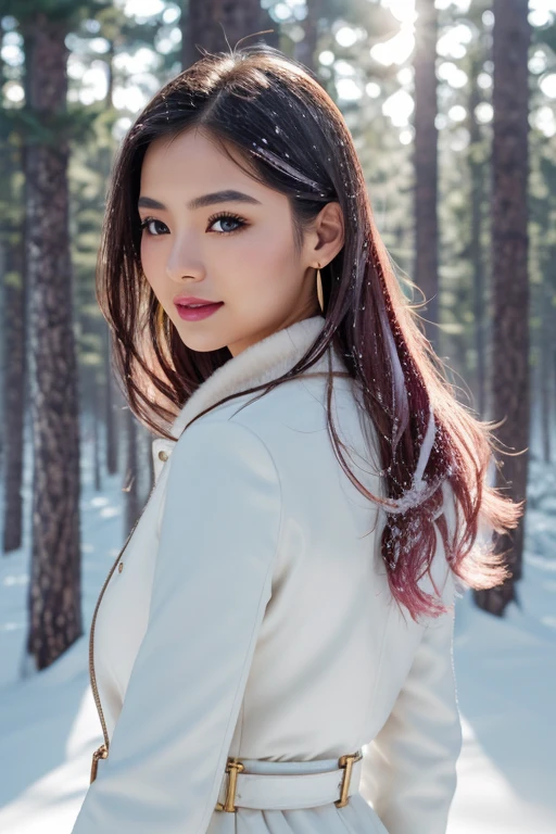 1 girl, Korean model, extremely beautiful, perfect body. The Canon EOS R5 camera incorporates an RF 15mm f/2.8L IS USM lens adjusted to capture sharp landscapes and even the entire body of characters. 8K photo quality, lifelike, masterpiece, sharpest and highest contrast, super realistic color photos. Her hair is pink, long and smooth, the wind blows it beautifully under the bright sunlight. Beautiful face, perfect and sexy, holy, perfectly proportioned, beautiful in every detail, ((shiny)), high-end cosmetic makeup. Bright smile, pure white teeth and details. Attractive glossy red lips, brilliant glossy red lipstick. Brown eyes, glossy, seductive, ((sharp makeup)), realistic, ((wet eyes)), detailed. Pink eyeshadow, long eyelashes, blush, high-end cosmetics. Two delicate eyelids, perfectly beautiful and detailed, black eyelashes. Eyebrows are curved, sparse, sharp and detailed. High and detailed nose. Cheeks are prominent and detailed. ((Bright white skin)), detailed pores, shiny skin, smooth skin. Long, shiny legs. Hands are beautiful, perfect, ((no flaws)), no defects. Complex light, yellow-black rays, ((lights the face)), sparkling sunlight, ((lights the girl's body)). Gold and silver earrings, diamond necklace, emerald belt, Rolex watch.
Slim-fitting jacket dress above the knee, snowy pine trees, snowflakes, fog, cold air, cinematic lighting, dramatic silhouettes, fantasy, depth of field, volumetric lighting, covered trees Falling snow, snow falling in hair, beautiful background scenery, detailed background, super detailed. Panoramic photo of a girl standing in a pine forest filled with white snow.