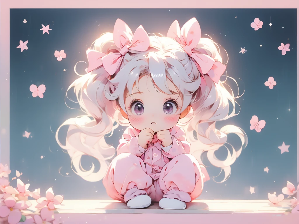 (pastel:1.2)、(Chibi Girl:1.2)、Esbian all over、Long twin tails、Bow and Bow、Sleepy but not sleeping eyes、border pajamas、Funny pose、humming、Laughter、Fingertip pose、Vertical striped background、Baby pink gradation