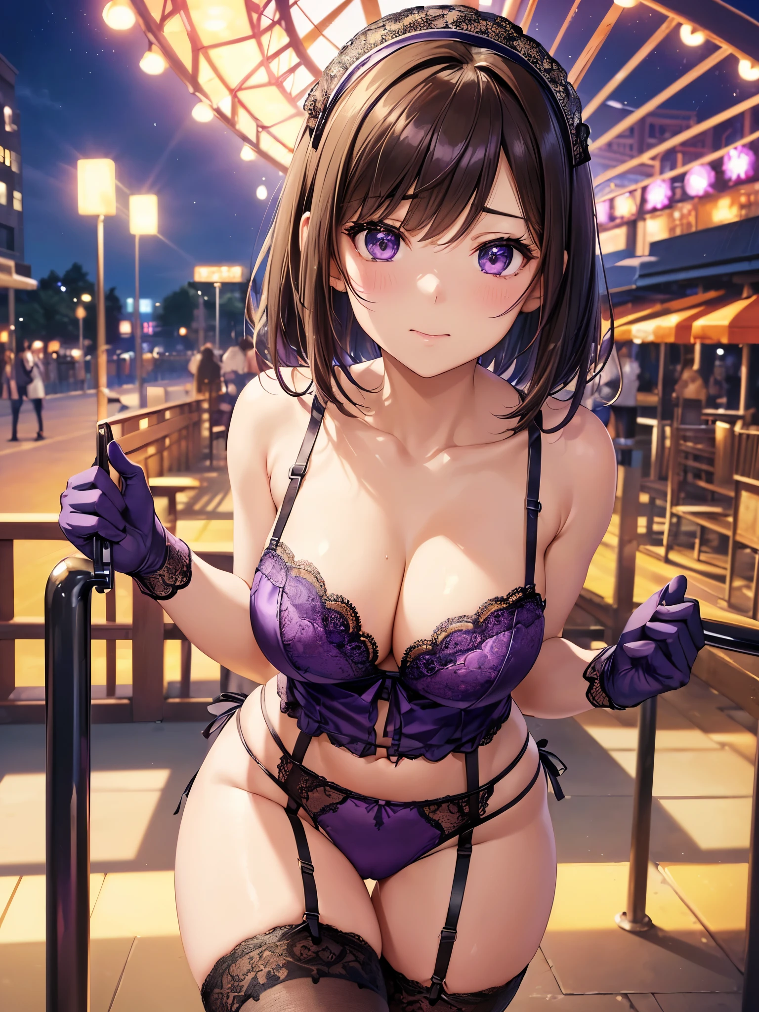 (((masterpiece, highest quality, High resolution, 超High resolution, Perfect Pixel, Depth of written boundary, 4K, RTTX 10.0))), Beautiful Anime Woman, Beautiful art style, Anime characters, ((Smooth texture, Realistic texture, Anime CG Style)), Exact finger count、Exact number of legs、(Exact number of arms:1.0, Exact number of hands:1.0), (Perfect hands, Perfect ???????), Cinematic, Realistic, Extremely detailed CG, Daytime lighting, Perfect lighting, Best Shadow, The best natural light, whole body, Perfect body, (Slender body:1.2), ((Long Hair, bangs, Dark brown hair, Stylish hairstyle, Bobcut)), ((1人のcute女性は飲み物を歩いて運んでいる:1.6)), ((Alone:1.0)), beauty, cute, ((セクシーでcute紫下着:1.3), (Stylish shiny purple satin panties, Side-tie panties:1.3), (Thin panties:1.3), (Purple micro lace satin bra, Thin bra:1.3), (garter belt, Knee socks:1.3):1.3), (beautiful and very large breasts:1.3), (Cleavage:1.4), (Beautiful and thin thighs:1.3), (Short torso:1.2), Feeling embarrassed, (blush:1.2), (Very embarrassed look:1.4), Troubled expression, (At an outdoor amusement park, Roller coaster and Ferris wheel behind, Happy people in the background々, Cafe:1.3), naked, In underwear, Waitress in underwear, Maid Headband, whole body, (Underwear waitress carrying drinks:1), Angle from the front, slightly below, An angle where you can see her panties clearly