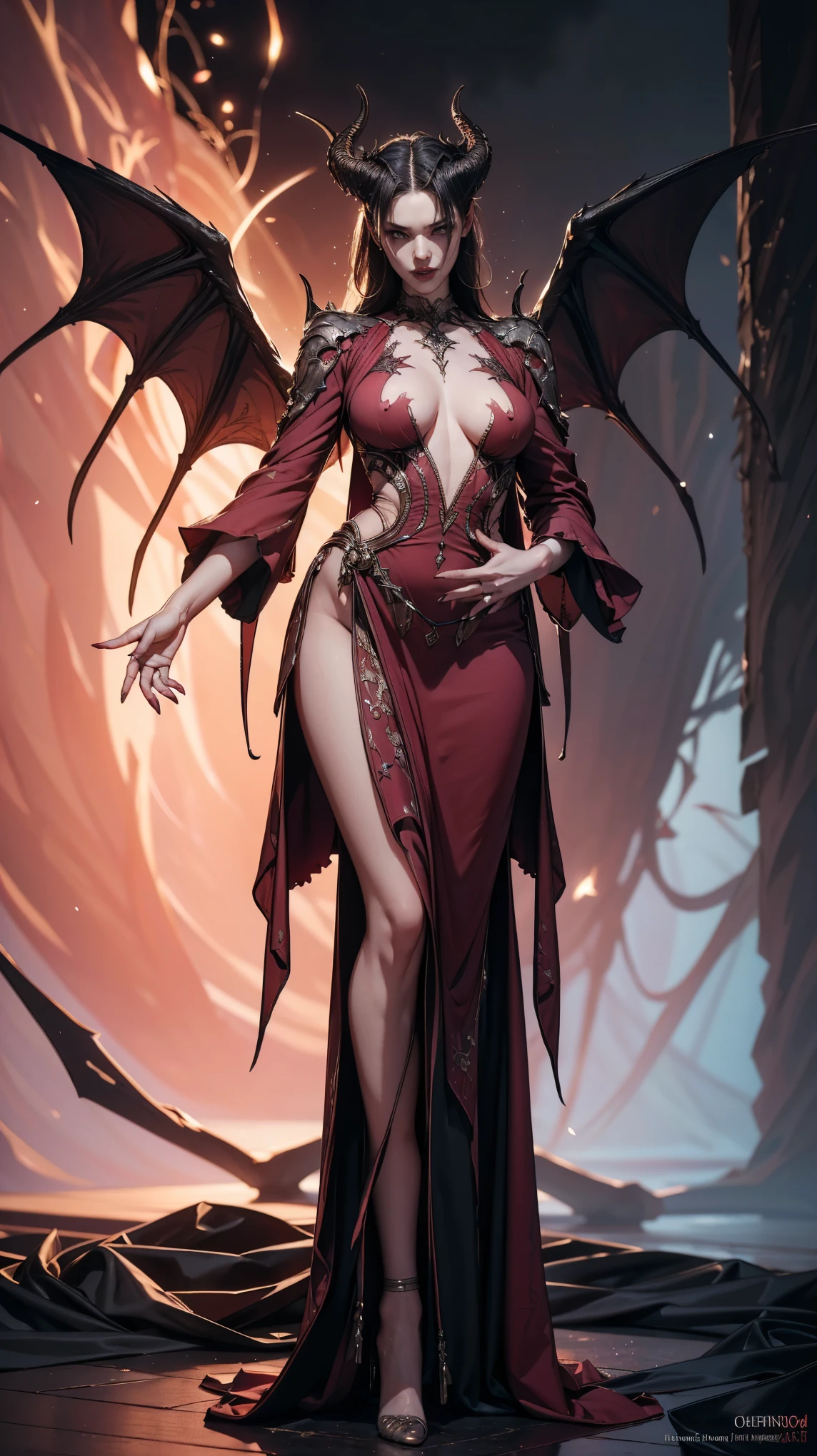 ((NSFW)), (best quality,4k,8k,highres,masterpiece:1.2),ultra-detailed,(realistic,photorealistic,photo-realistic:1.37),succubus,dark and alluring,beautiful sinister eyes and lips,long red nails,demonic wings,fantasy,gothic,erotic,night scene,fiery colors,seductive pose,detailed outfit,sultry atmosphere,mysterious shadows,ethereal beauty,smoky background,sparkling magical effects,duality of good and evil,enchanted forest,  (exceptionally detailed:1.3), super finely detailed hands, ultra finely detailed fingers(((ten fingers))), (obscene posing), (((full body showcase))), (((show full body))), (no logos in the background).