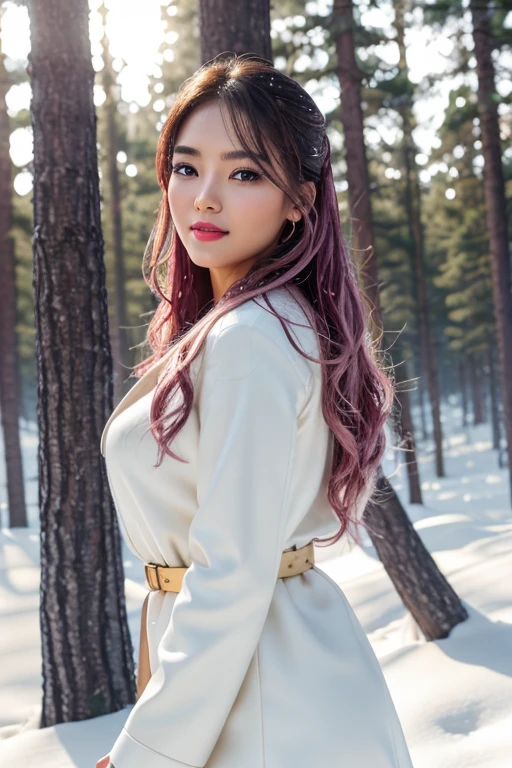 1 girl, Korean model, extremely beautiful, perfect body. The Canon EOS R5 camera combines the RF 85mm f/2.8L IS USM lens, adjusted to capture sharp landscapes and even the entire body of characters. 8K photo quality, lifelike, masterpiece, sharpest and highest contrast, super realistic color photos. Her hair is pink, long and smooth, the wind blows it beautifully under the bright sunlight. Beautiful face, perfect and sexy, holy, perfectly proportioned, beautiful in every detail, ((shiny)), high-end cosmetic makeup. Bright smile, pure white teeth and details. Attractive glossy red lips, brilliant glossy red lipstick. Brown eyes, glossy, seductive, ((sharp makeup)), realistic, ((wet eyes)), detailed. Pink eyeshadow, long eyelashes, blush, high-end cosmetics. Two delicate eyelids, perfectly beautiful and detailed, black eyelashes. Eyebrows are curved, sparse, sharp and detailed. High and detailed nose. Cheeks are prominent and detailed. ((Bright white skin)), detailed pores, shiny skin, smooth skin. Long, shiny legs. Hands are beautiful, perfect, ((no flaws)), no defects. Complex light, yellow-black rays, ((lights the face)), sparkling sunlight, ((lights the girl's body)). Gold and silver earrings, diamond necklace, emerald belt, Rolex watch.
Slim-fitting jacket dress above the knee, snowy pine trees, snowflakes, fog, cold air, cinematic lighting, dramatic silhouettes, fantasy, depth of field, volumetric lighting, covered trees Falling snow, snow falling in hair, beautiful background scenery, detailed background, super detailed. Panoramic photo of a girl standing in a pine forest filled with white snow.