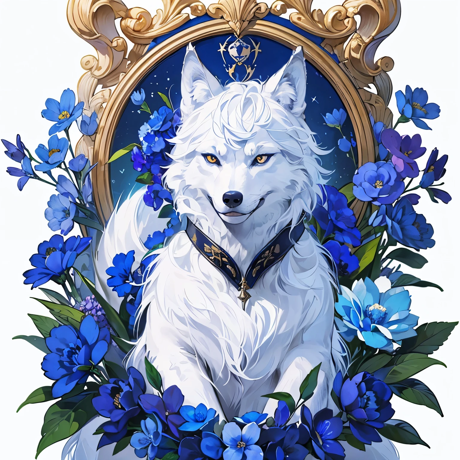 highest quality, highest quality, (((One Wolf))), logo, White background only, Symbolism, 14k, Complex and detailed, simple frame, blue, (((no human))), Fine fur, sparkling Eyes, corporate logo, Panorama, Long Shot, front, blue flower, Top Quality