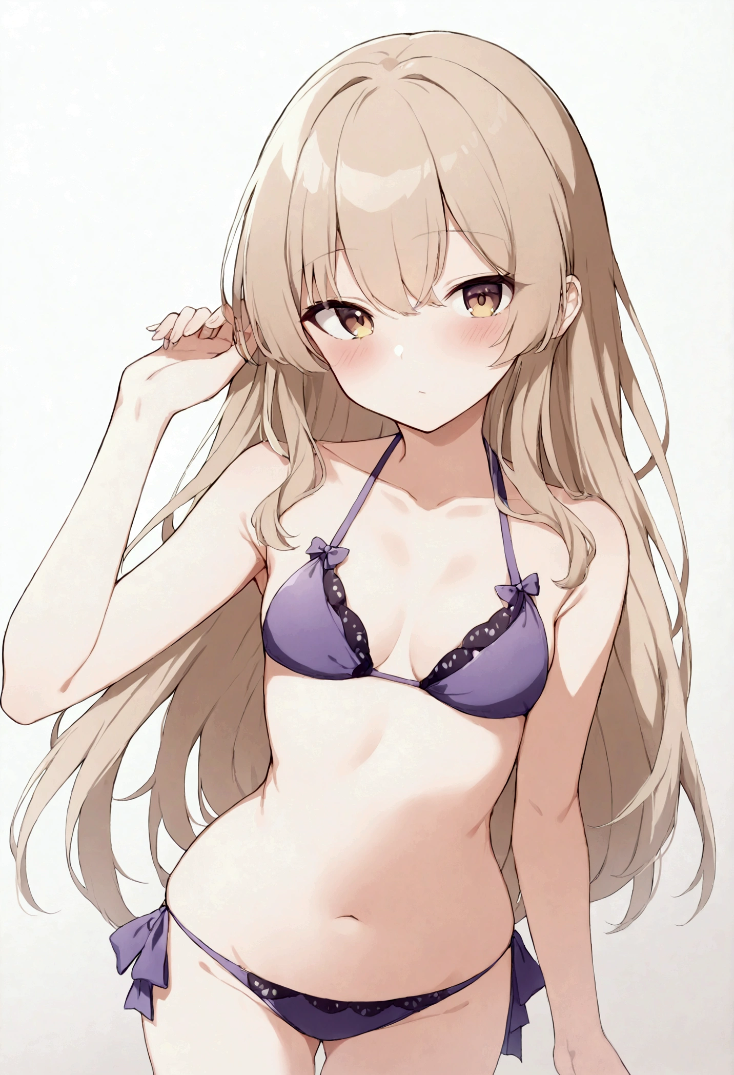 1girl, long light brown hair, small , purple bikini