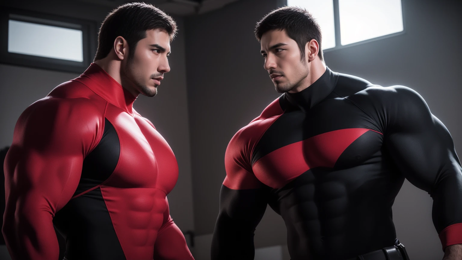Special effects hero works、Two Men、Handsome 2、Very short hair、(justice(Victory)red+Zubat the Hero VS the Villain(negative)black+Dhaka - Fighters) Victorynegative Handsome 30 year old Very short hair、undercut between legs Put your arm around someone's shoulders