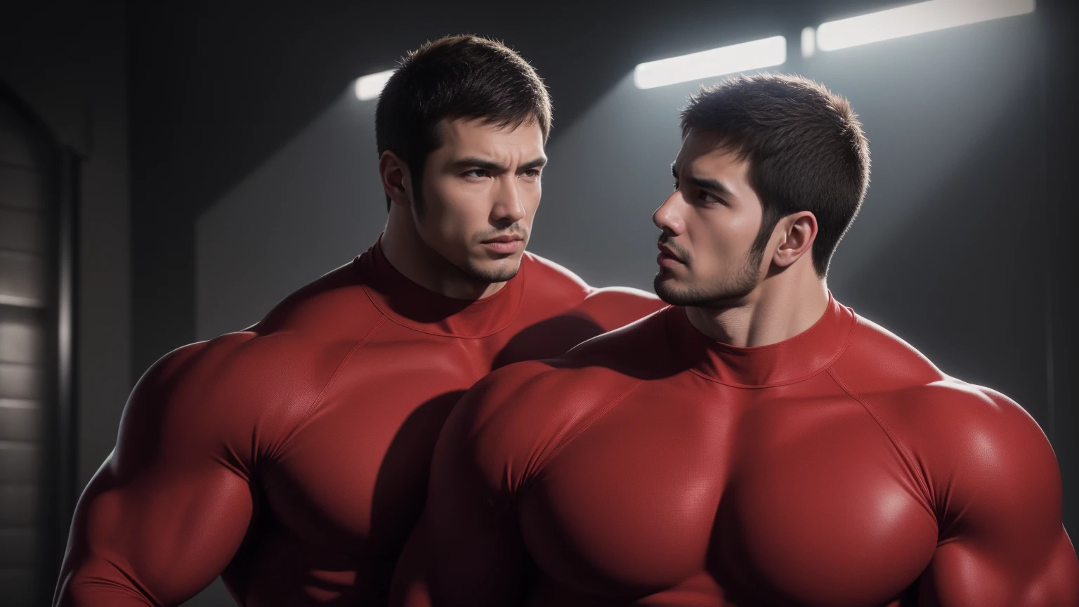 Super muscular man hugging, kissing and caressing, Open mouth and scream,Look at each other affectionately,They hugged each other affectionately,Buzz Cut,In a luxurious and noble mansion, Wear a long-sleeved scarlet collared bodysuit, Thickened warm elastic texture,The expression is arrogant, High Neck Long Sleeve Splash Red High Neck Bodysuit, very tight, Regular symmetrical pattern, Highlight muscles, Police uniform pants, character concept(Resident Evil - Chris Redfield, Chris Redfield)A proud expression, Deep and charming eyes, Heroic male pose, tall Burly, muscular!muscular thighs, tough guy, perfect facial features, High, Burly, Heqiang, Super polished and cool, High Resolution Committee, Charismatic, The sun shines through the customers