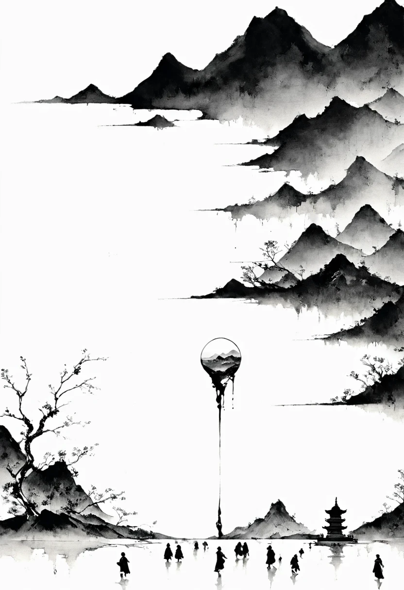(Lots of white space:1.5),(Lots of white space:1.6), White background, simple, Minimalism, abstract,Freehand,Aesthetic,black and white,Ink Painting,antiquity,Mountain,People in the distance