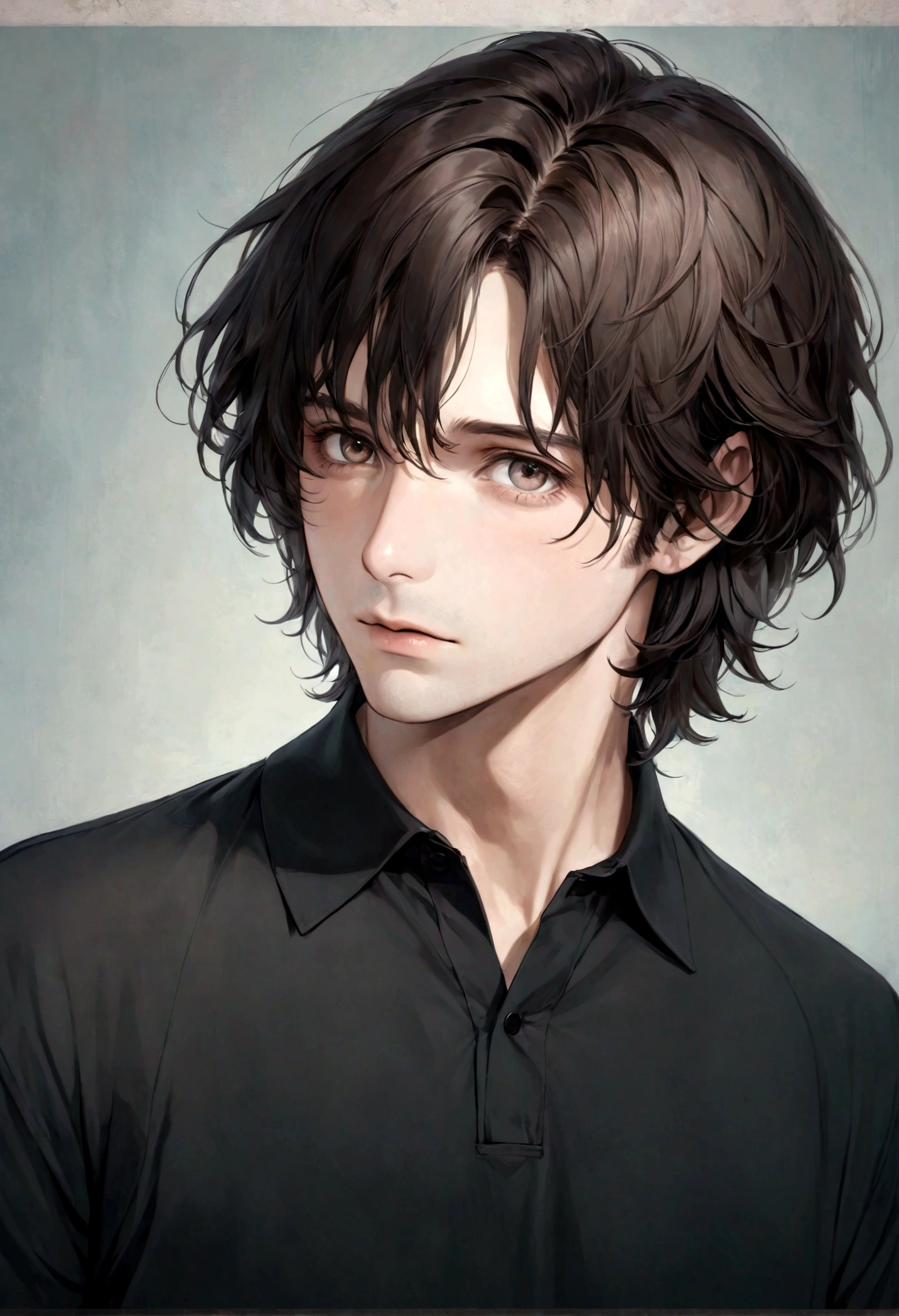 (polo color negra para hombre), ), (con poca barba,) Aspecto atractivo y serio, Dark brown hair,(ojos cafe claro), Elegante y con estilo, afeitada, Un hombre similar al actor Jim Morrison, (Imagen realista y de alta calidad), Apartamento escandinavo en el fondo con pintura de pared azul, ((La mejor calidad, 8K, obra maestra).