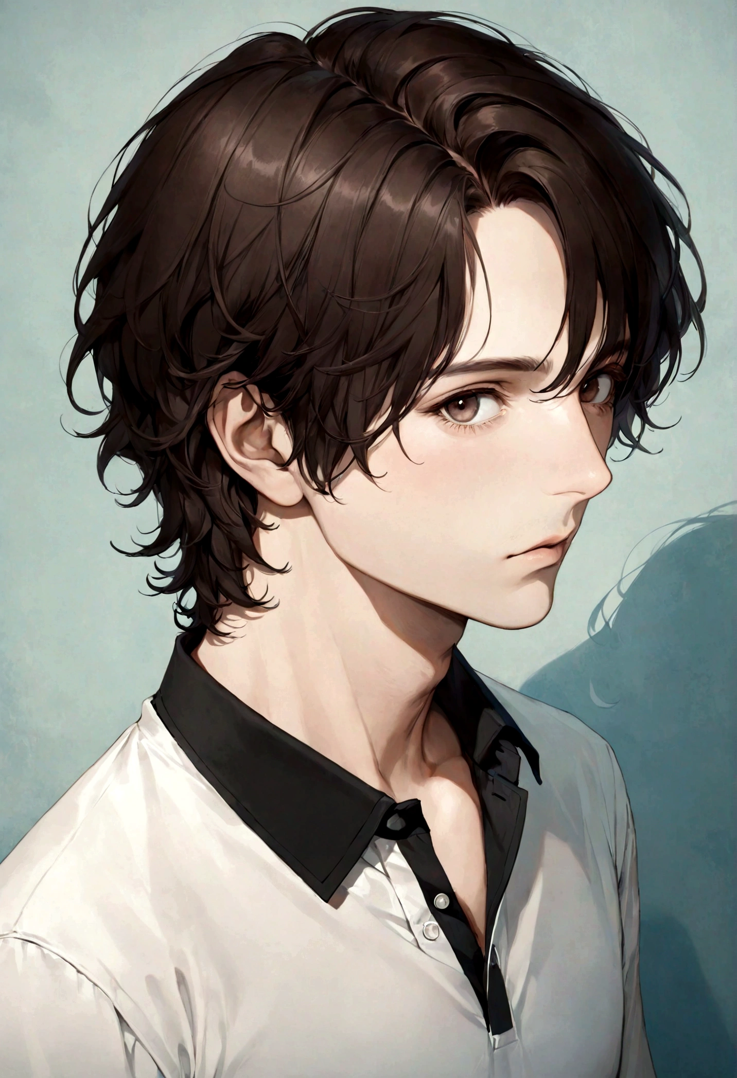 (polo color negra para hombre), ), (con poca barba,) Aspecto atractivo y serio, Dark brown hair,(ojos cafe claro), Elegante y con estilo, afeitada, Un hombre similar al actor Jim Morrison, (Imagen realista y de alta calidad), Apartamento escandinavo en el fondo con pintura de pared azul, ((La mejor calidad, 8K, obra maestra).