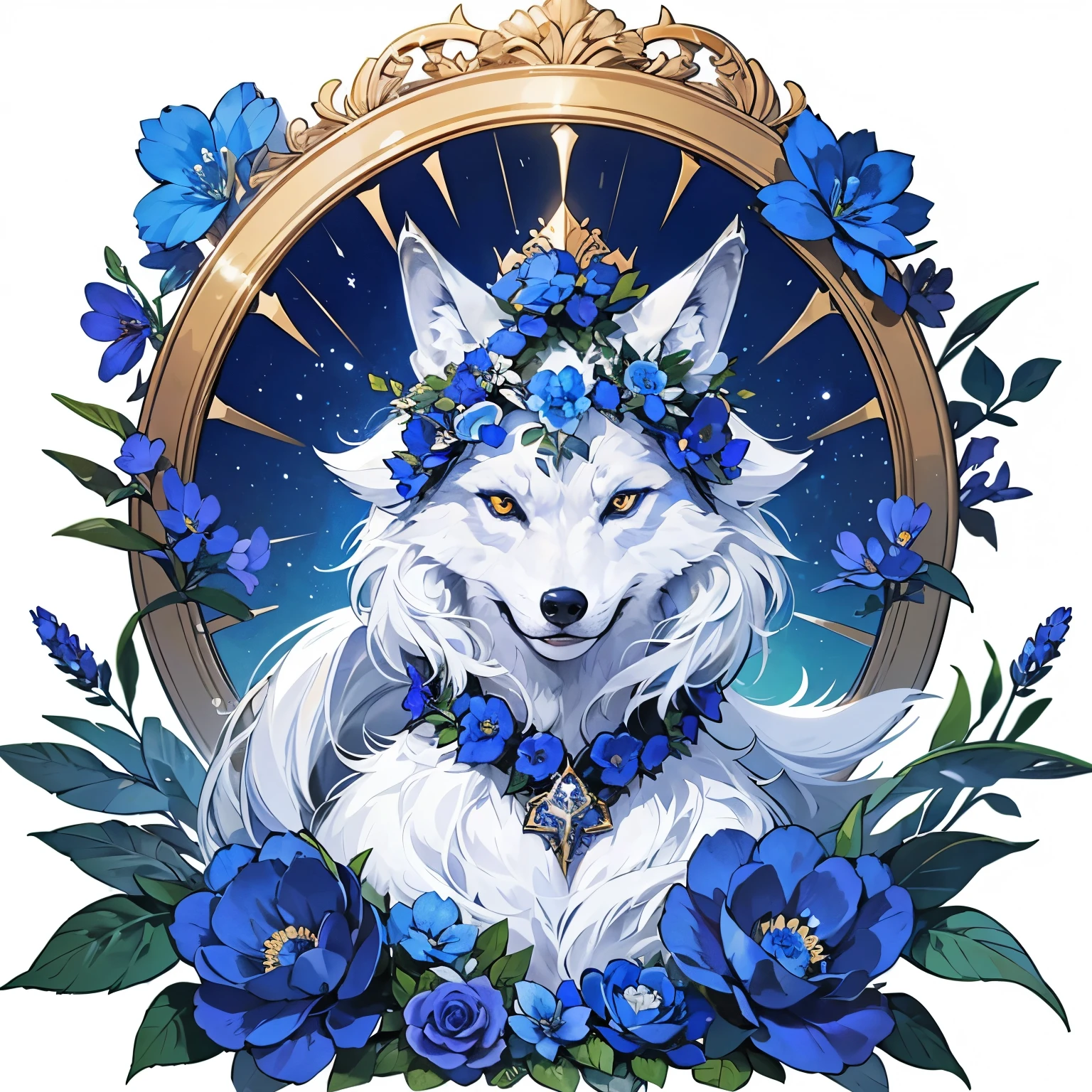 highest quality, highest quality, (((One Wolf))), logo, White background only, Symbolism, 14k, Complex and detailed, simple frame, blue, (((no human))), Fine fur, sparkling Eyes, corporate logo, Panorama, Long Shot, front, blue flower, Top Quality