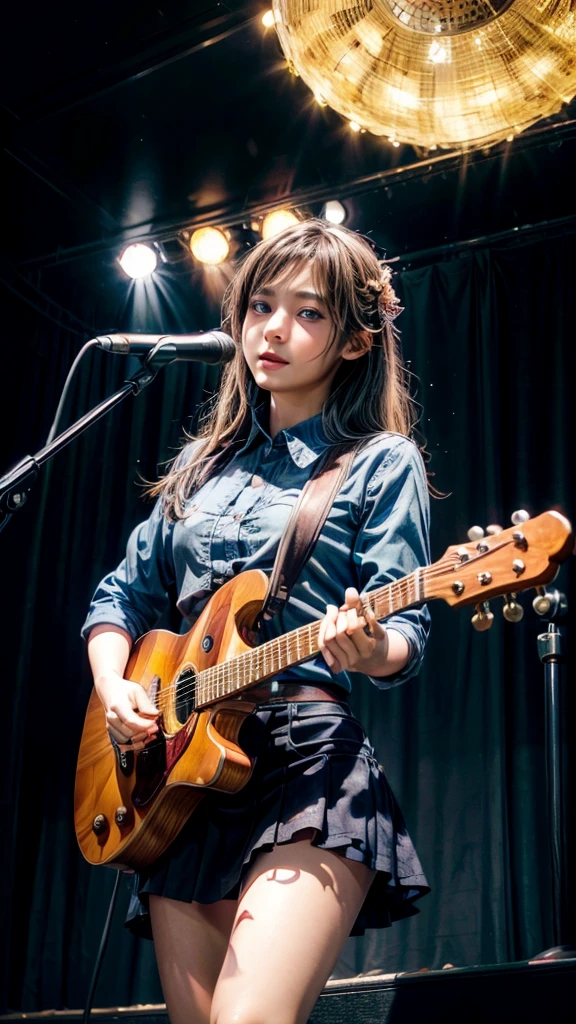 a beautiful young female idol guitarist on stage, seen from below, wearing a mini skirt, (best quality,4k,8k,highres,masterpiece:1.2),ultra-detailed,(realistic,photorealistic,photo-realistic:1.37),extremely detailed eyes and face,longeyelashes,beautiful detailed eyes,beautiful detailed lips,professional,vivid colors,cinematic lighting,dramatic lighting,dynamic pose,high angle view,elegant,graceful,mesmerizing performance,captivating expression,intricate details,vibrant colors,stunning stage presence