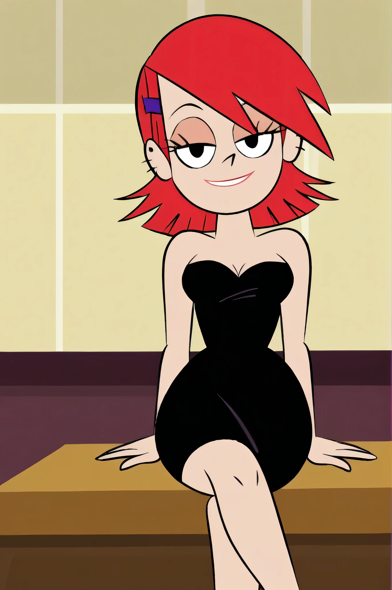 FrankieFoster, red hair, bob hair cut, black eyes, posing, solo, strapless black dress, crossed legs, smug, beautiful, arms at sides, head tilt, on a table, hotel